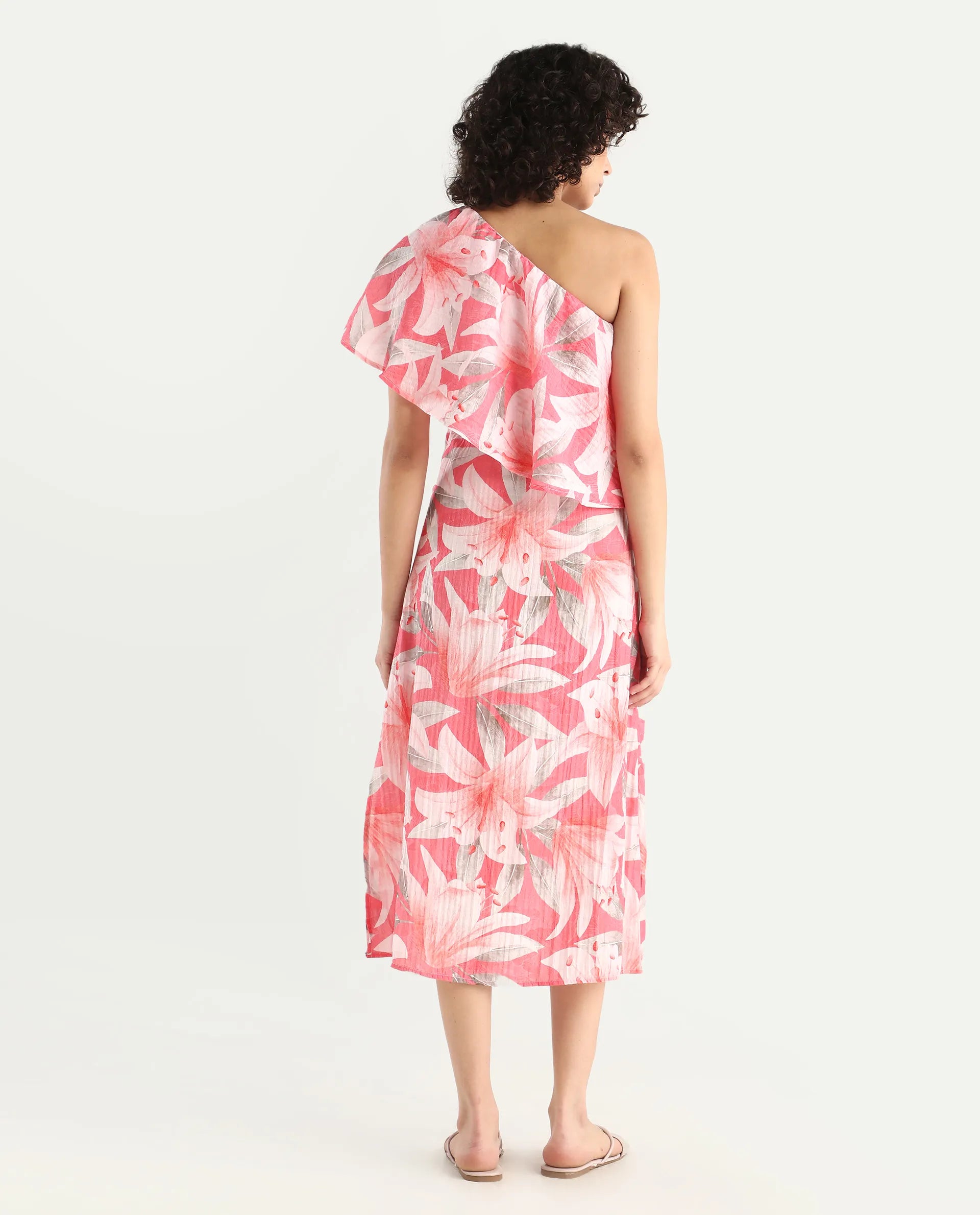 Rareism Women's Sailor Pink Polyester One Shoulder Floral Print One Shoulder Midi Fit And Flare Dress