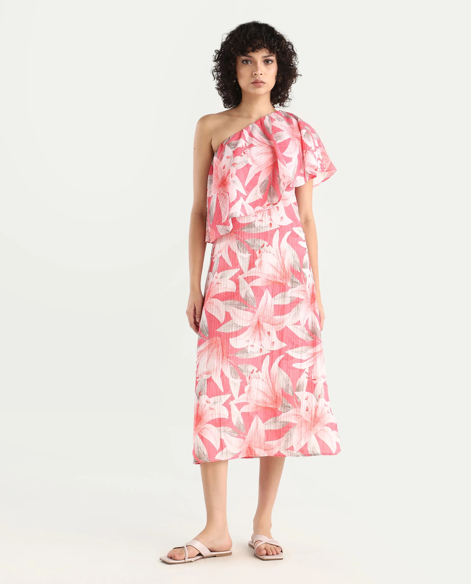 Rareism Women's Sailor Pink Polyester One Shoulder Floral Print One Shoulder Midi Fit And Flare Dress