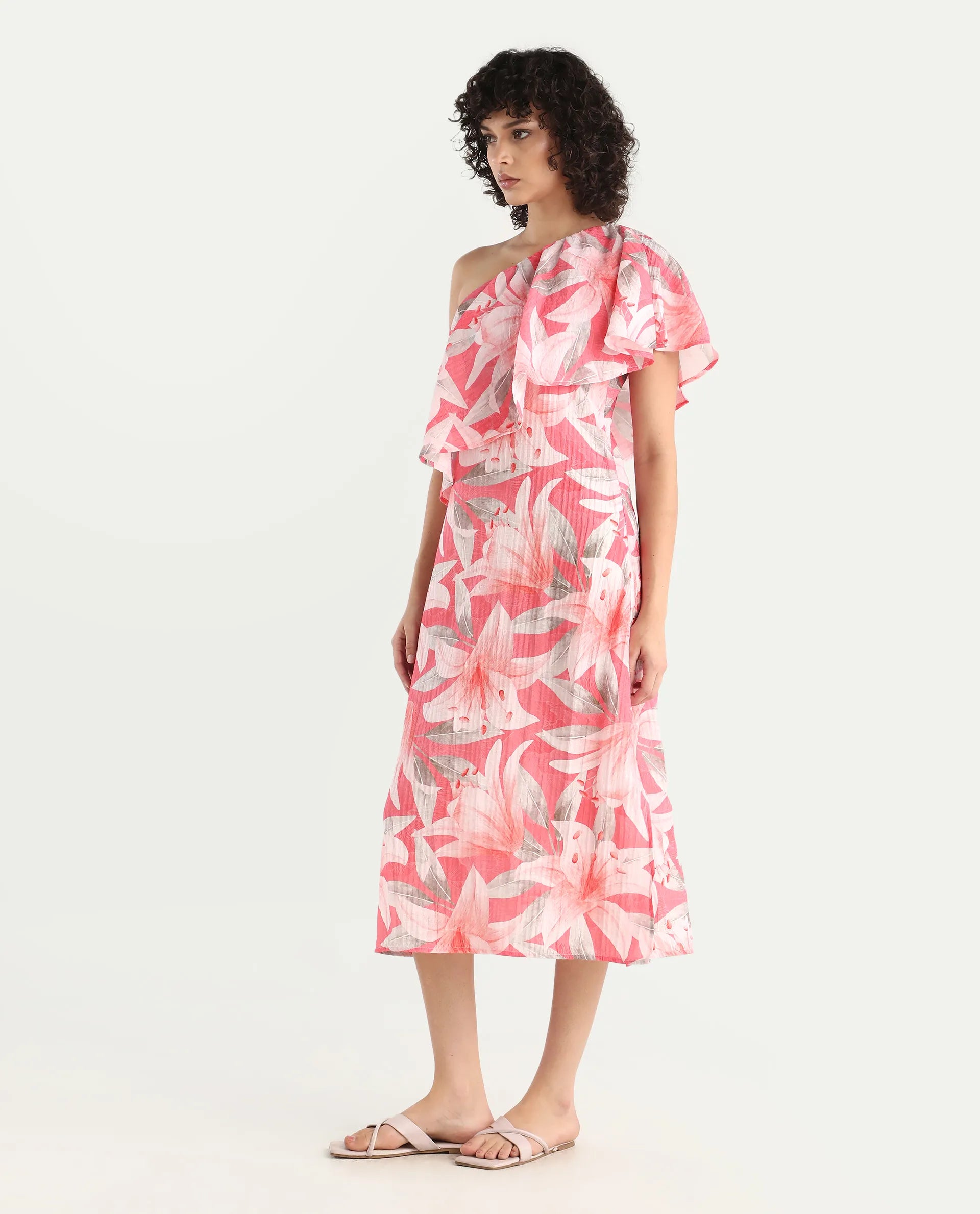 Rareism Women's Sailor Pink Polyester One Shoulder Floral Print One Shoulder Midi Fit And Flare Dress