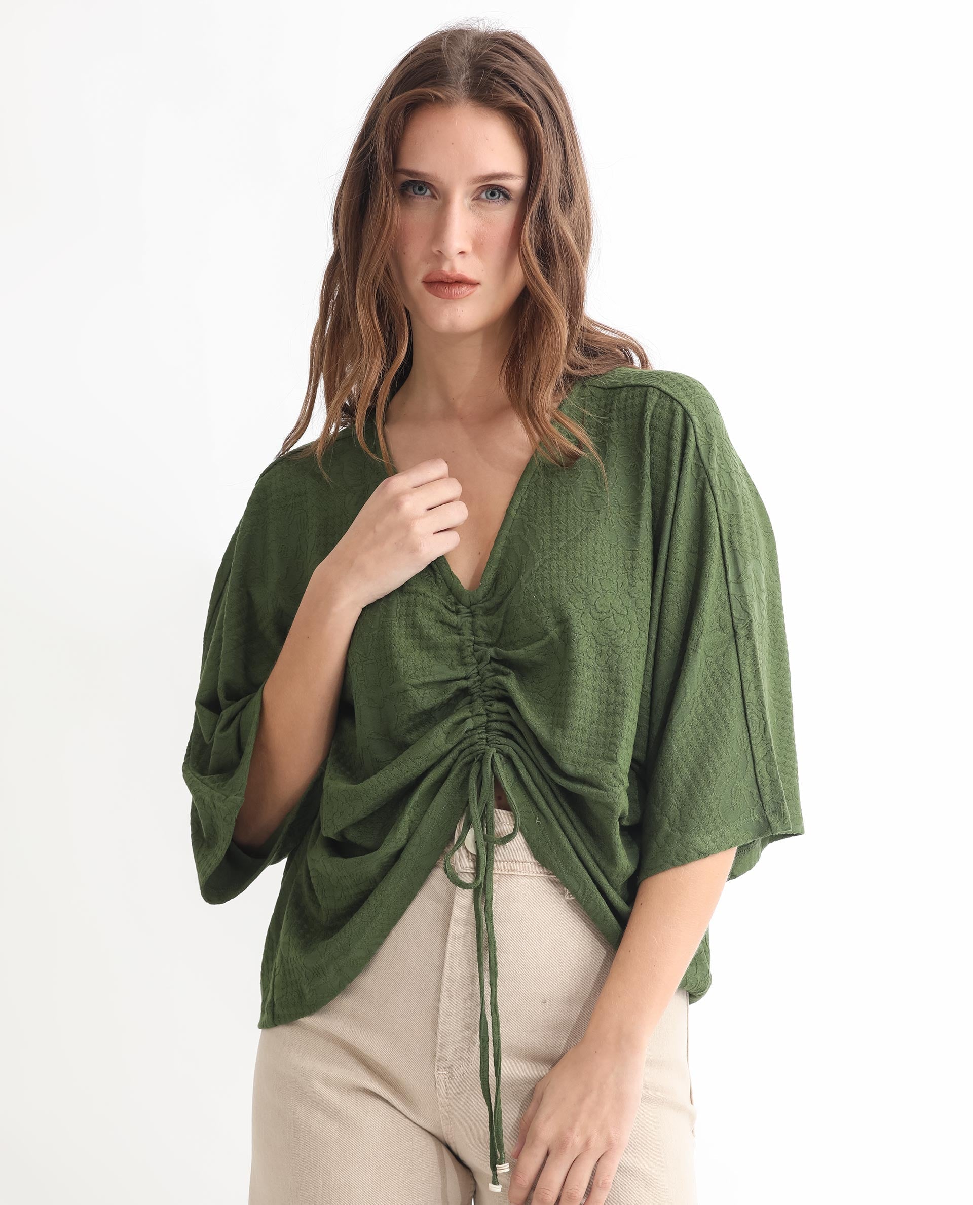 Rareism Women Saim Green Polyester Fabric Relaxed Fit V-Neck Half Sleeves Floral Print Top