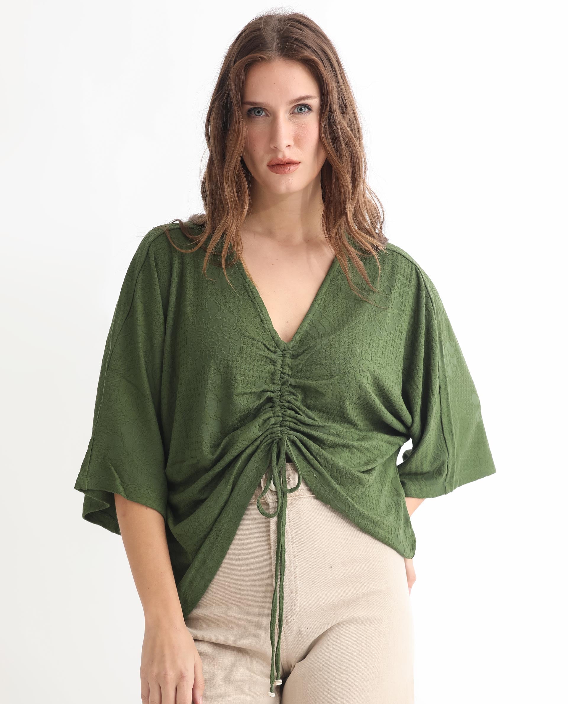 Rareism Women Saim Green Polyester Fabric Relaxed Fit V-Neck Half Sleeves Floral Print Top