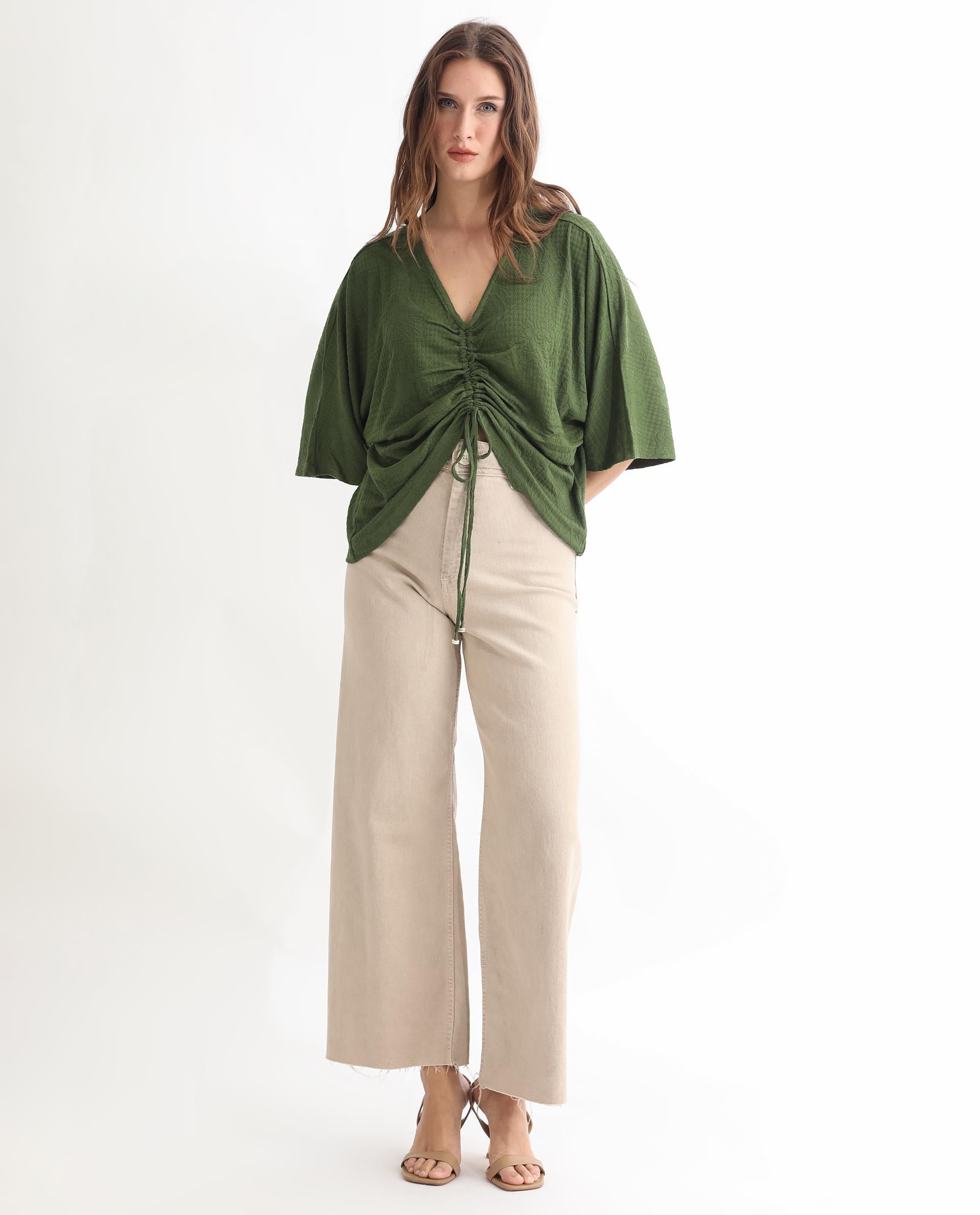 Rareism Women Saim Green Polyester Fabric Relaxed Fit V-Neck Half Sleeves Floral Print Top