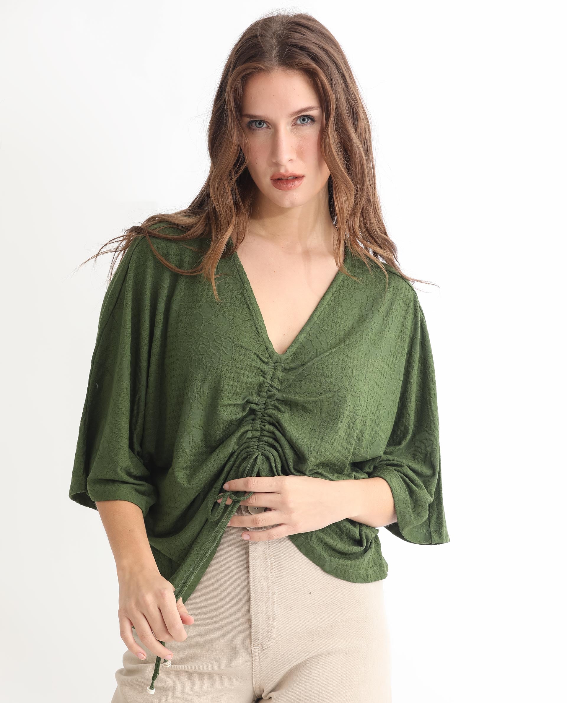 Rareism Women Saim Green Polyester Fabric Relaxed Fit V-Neck Half Sleeves Floral Print Top