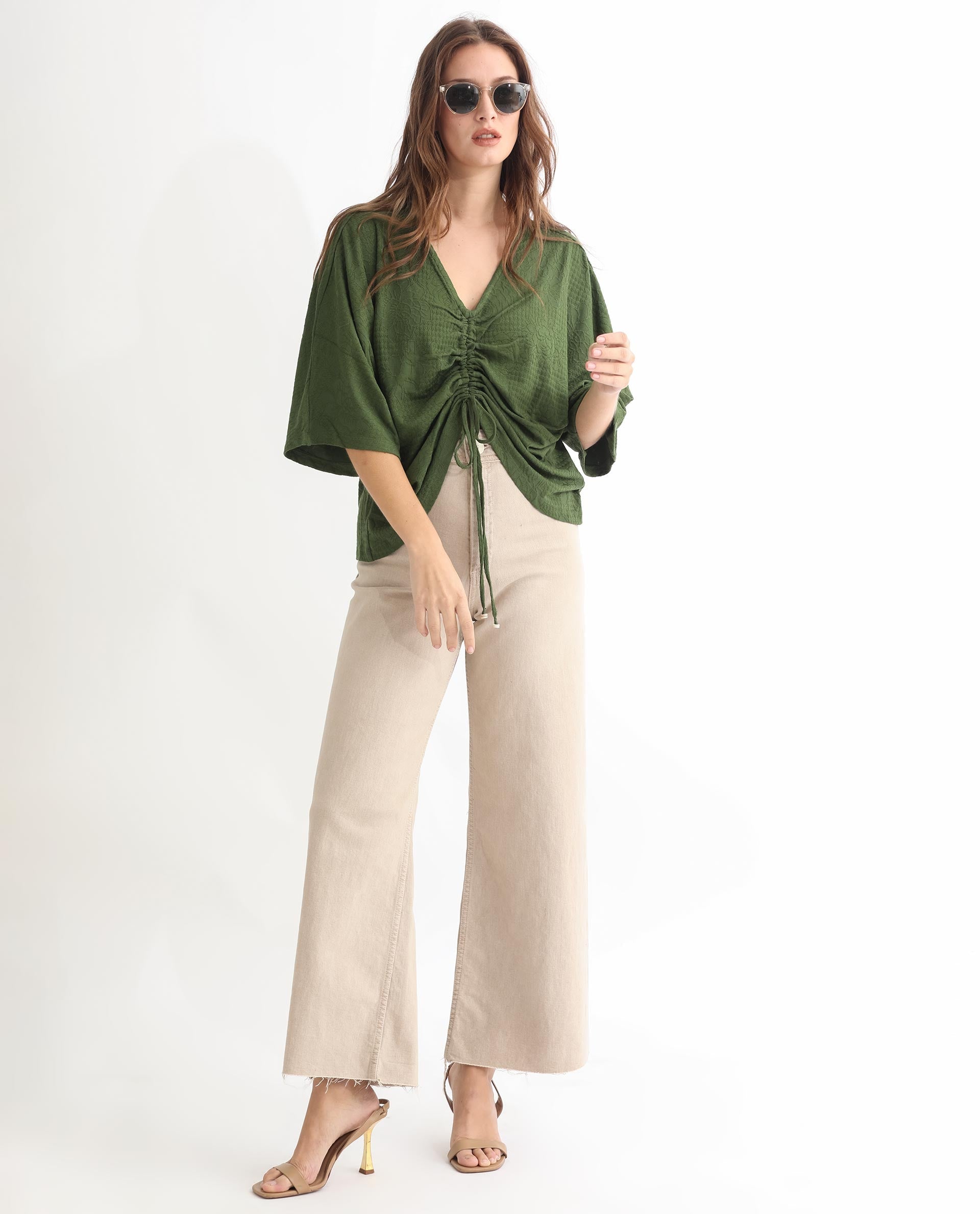 Rareism Women Saim Green Polyester Fabric Relaxed Fit V-Neck Half Sleeves Floral Print Top