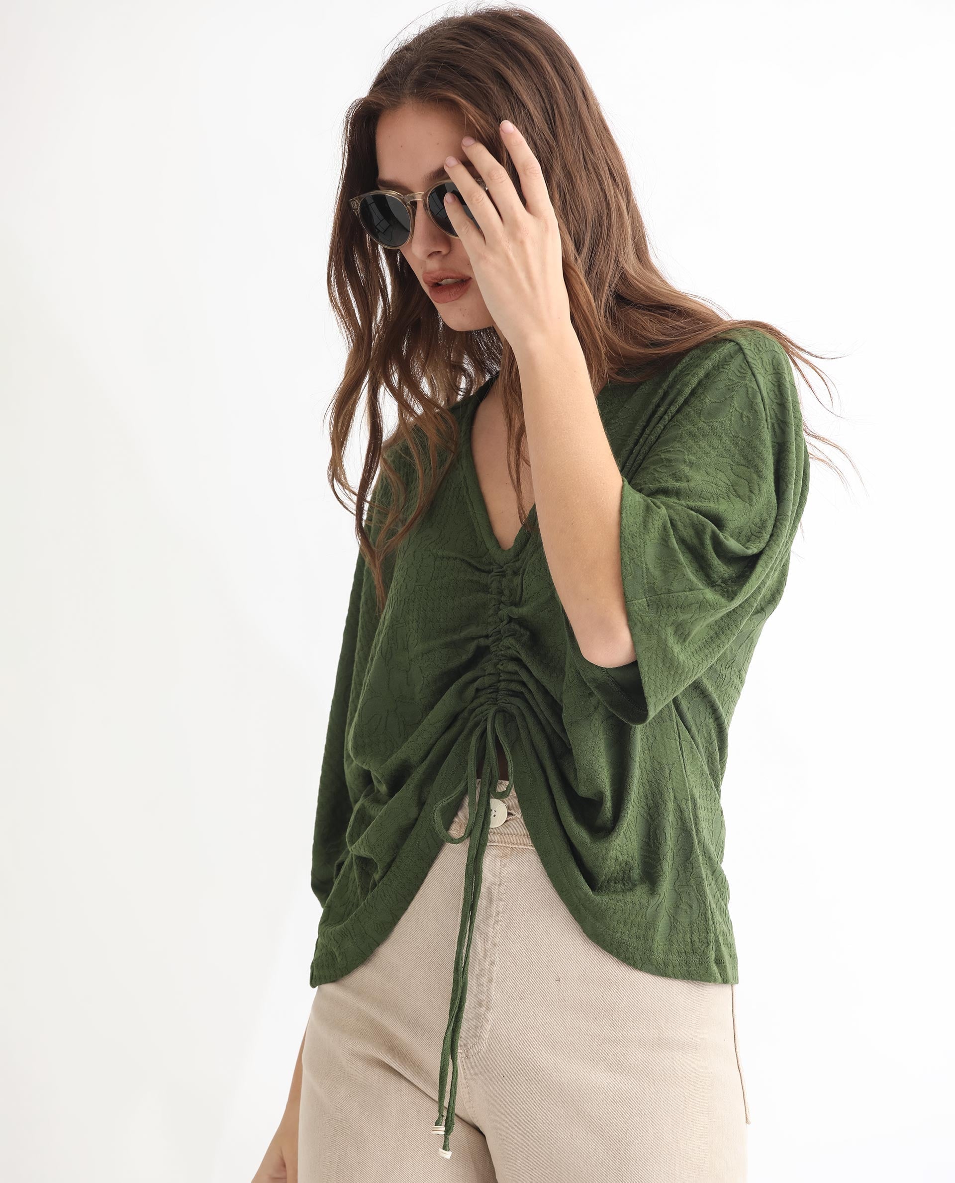 Rareism Women Saim Green Polyester Fabric Relaxed Fit V-Neck Half Sleeves Floral Print Top