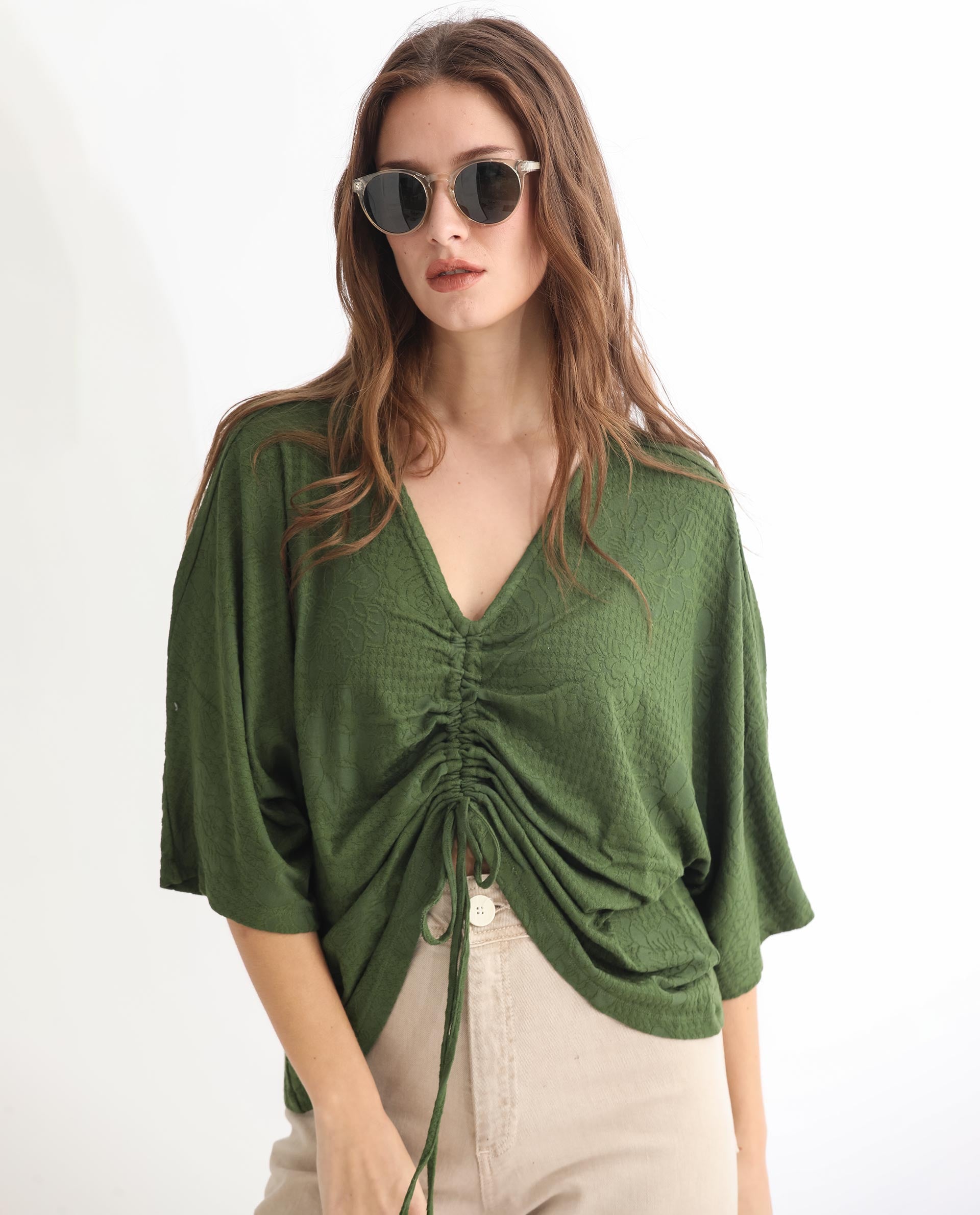 Rareism Women Saim Green Polyester Fabric Relaxed Fit V-Neck Half Sleeves Floral Print Top