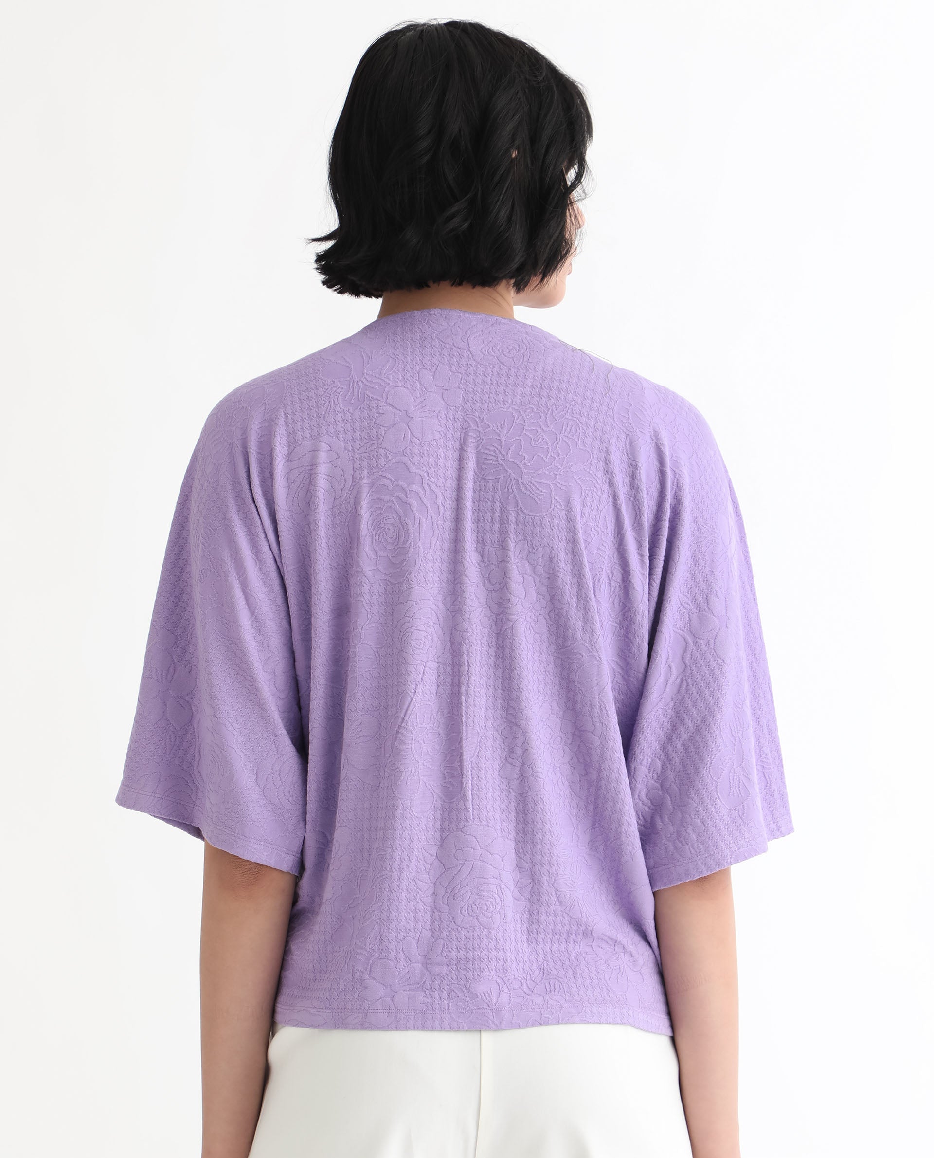 Rareism Women Saim Purple Polyester Fabric Relaxed Fit V-Neck Half Sleeves Floral Print Top
