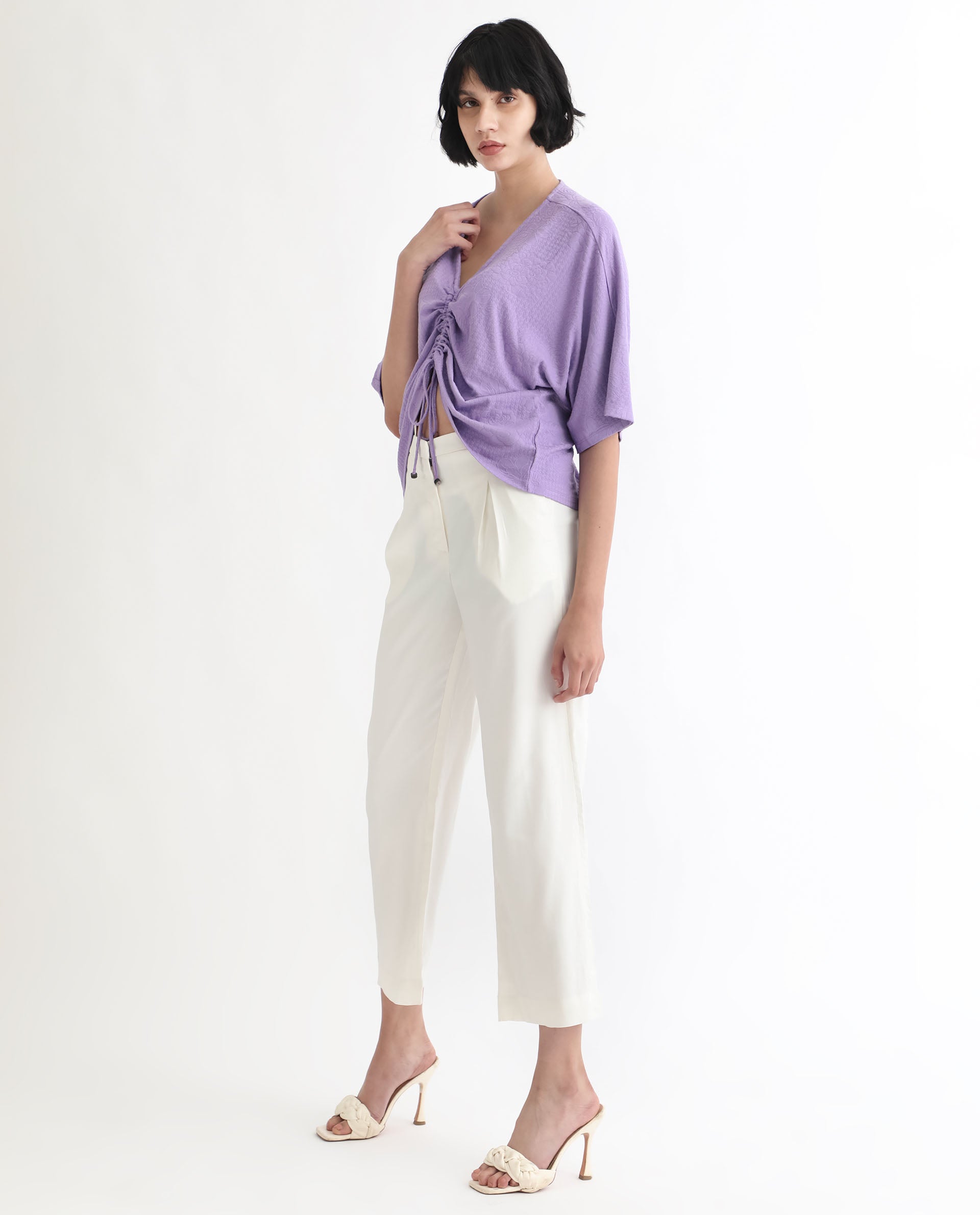 Rareism Women Saim Purple Polyester Fabric Relaxed Fit V-Neck Half Sleeves Floral Print Top