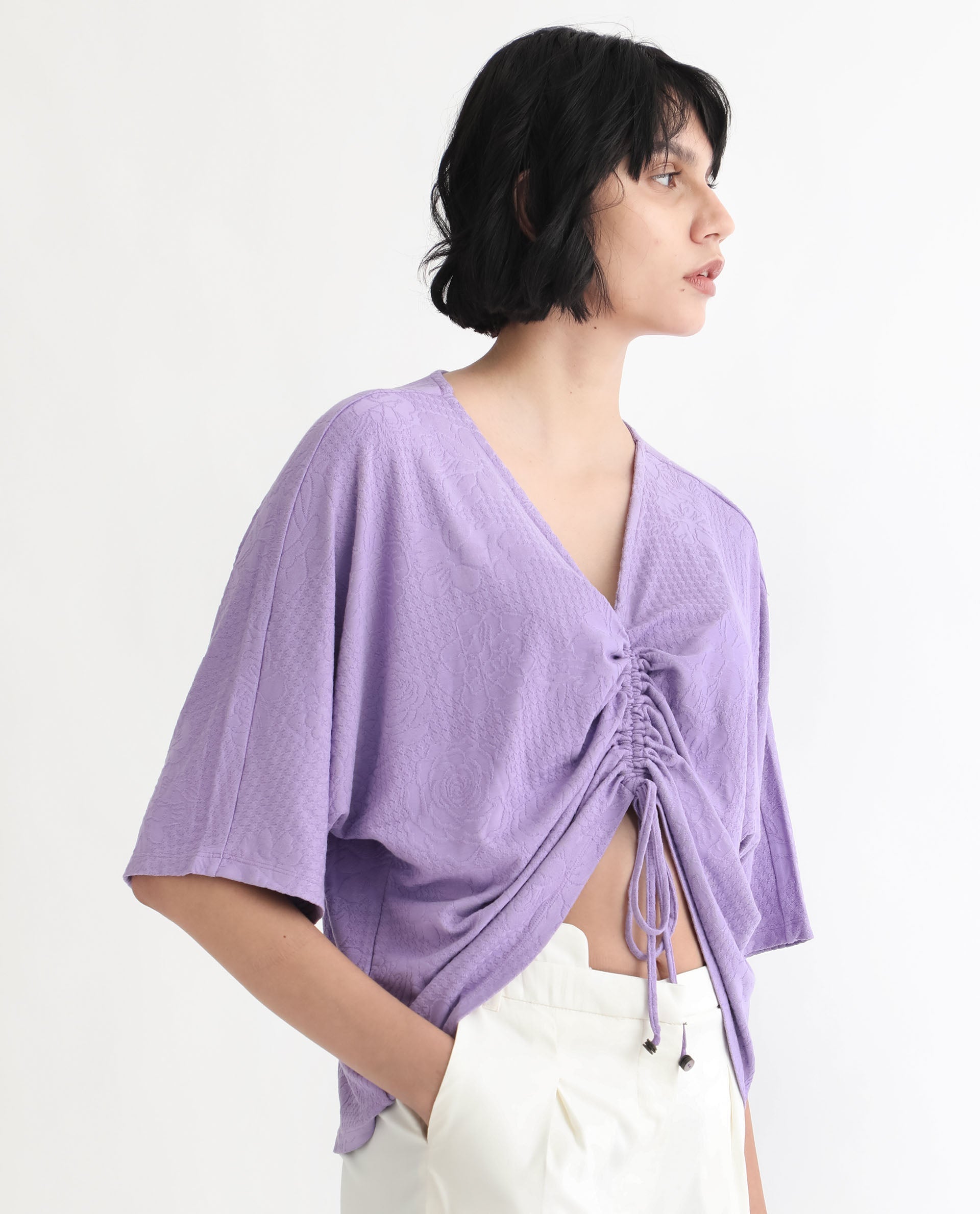 Rareism Women Saim Purple Polyester Fabric Relaxed Fit V-Neck Half Sleeves Floral Print Top