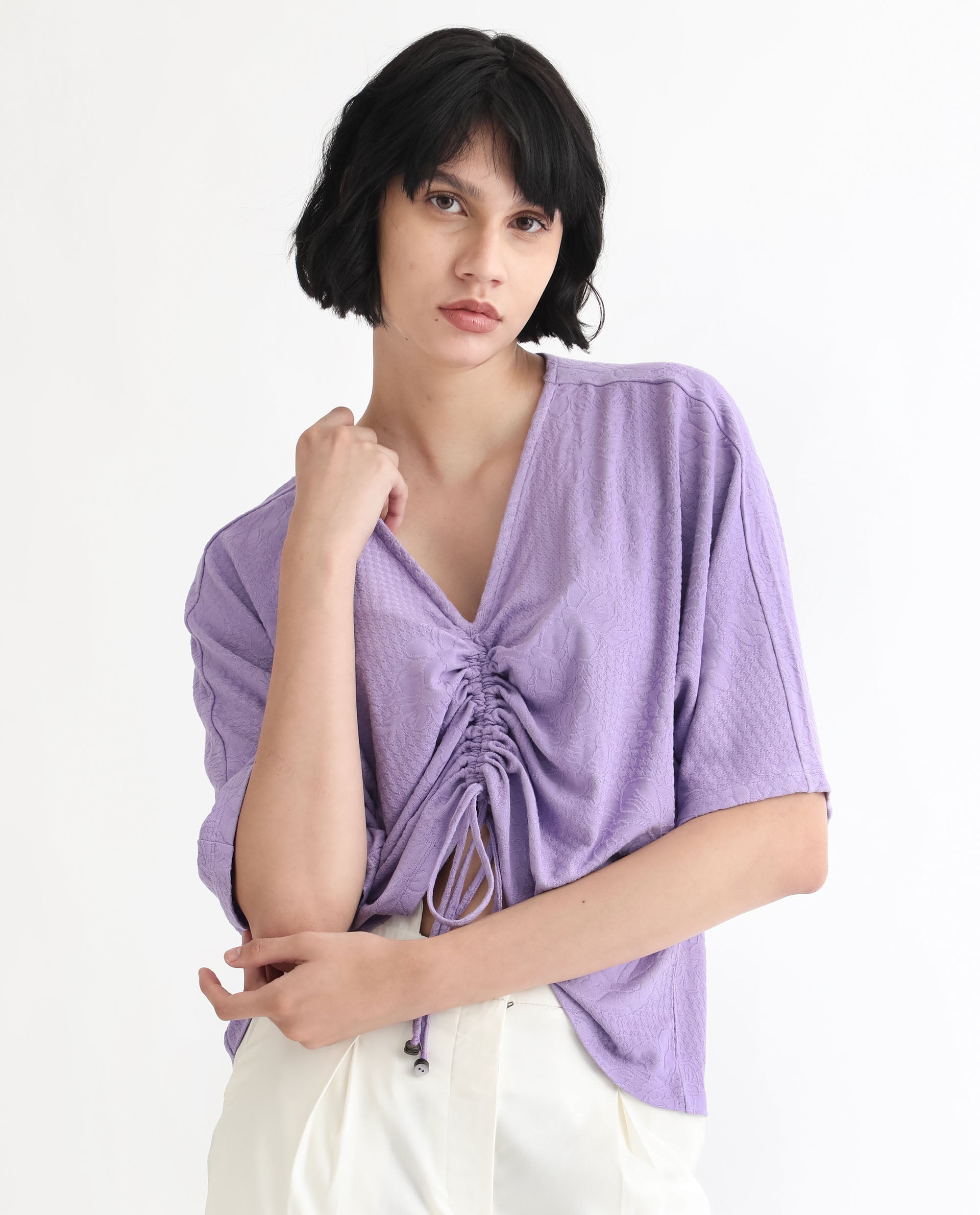 Rareism Women Saim Purple Polyester Fabric Relaxed Fit V-Neck Half Sleeves Floral Print Top