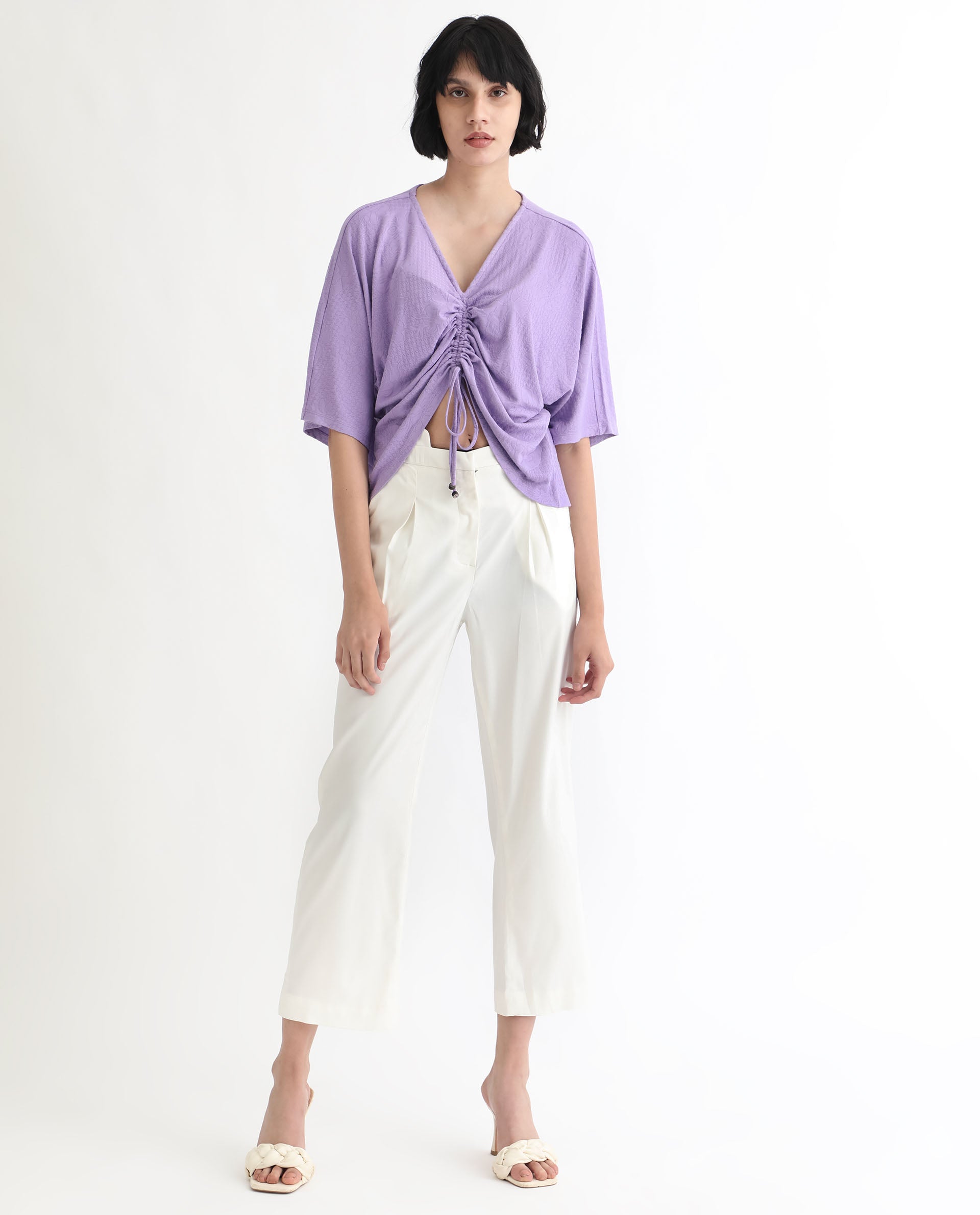 Rareism Women Saim Purple Polyester Fabric Relaxed Fit V-Neck Half Sleeves Floral Print Top