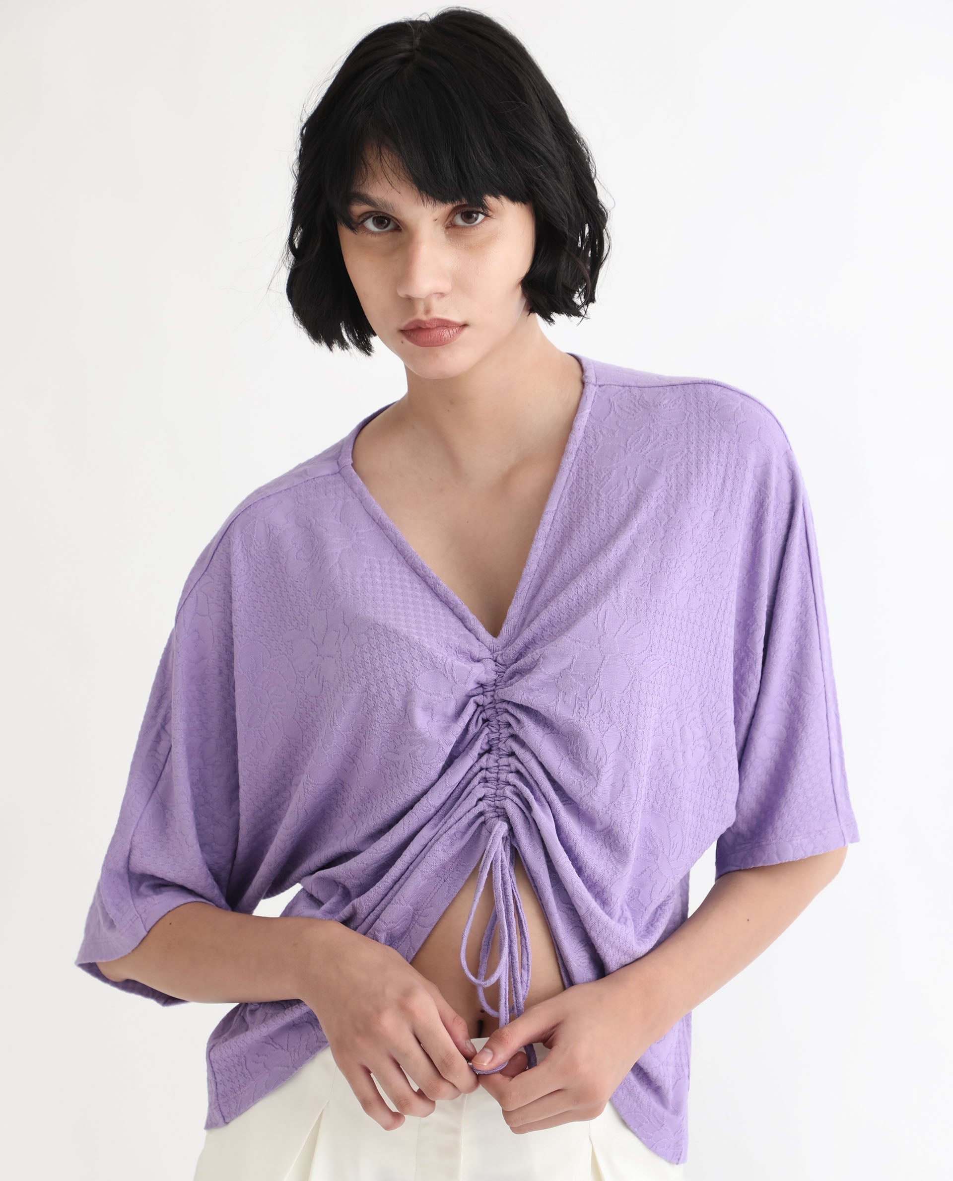 Rareism Women Saim Purple Polyester Fabric Relaxed Fit V-Neck Half Sleeves Floral Print Top