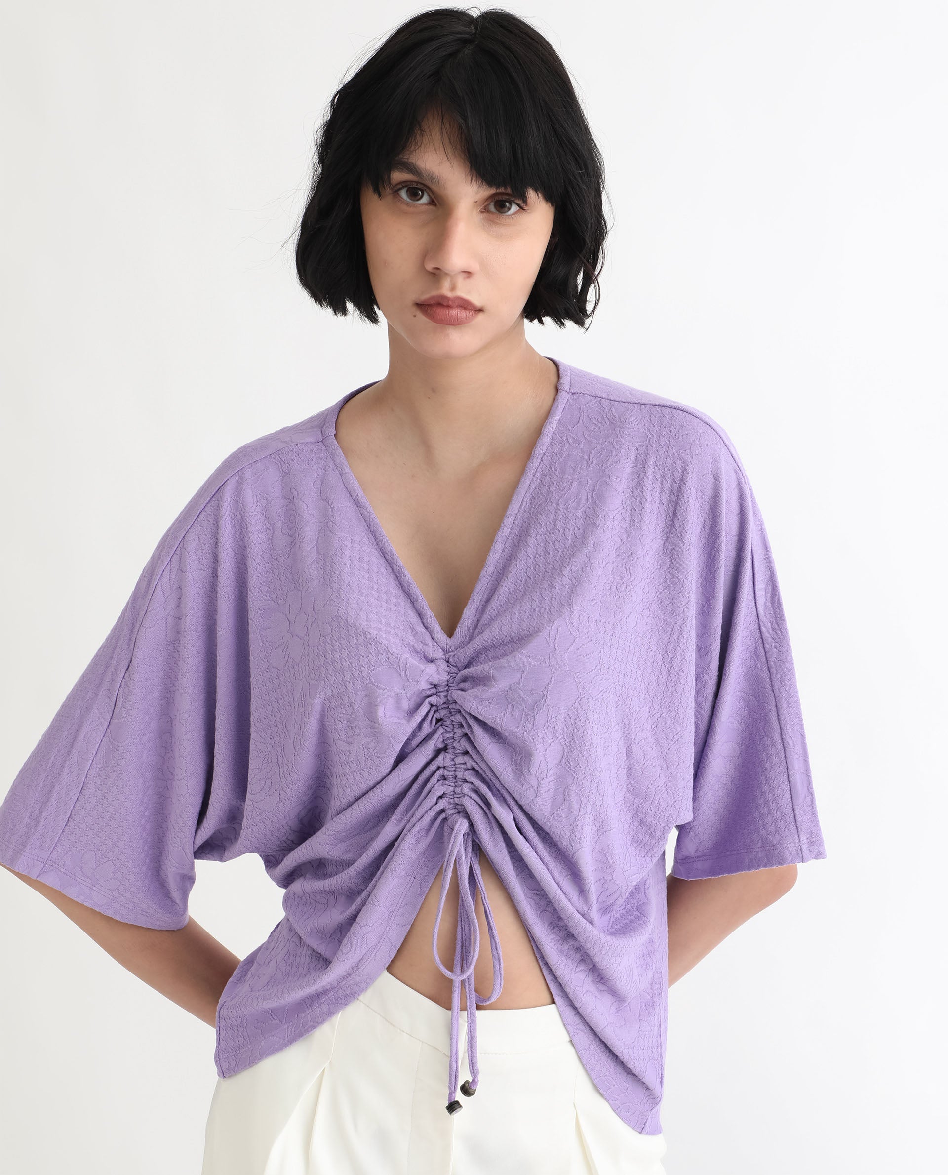 Rareism Women Saim Purple Polyester Fabric Relaxed Fit V-Neck Half Sleeves Floral Print Top