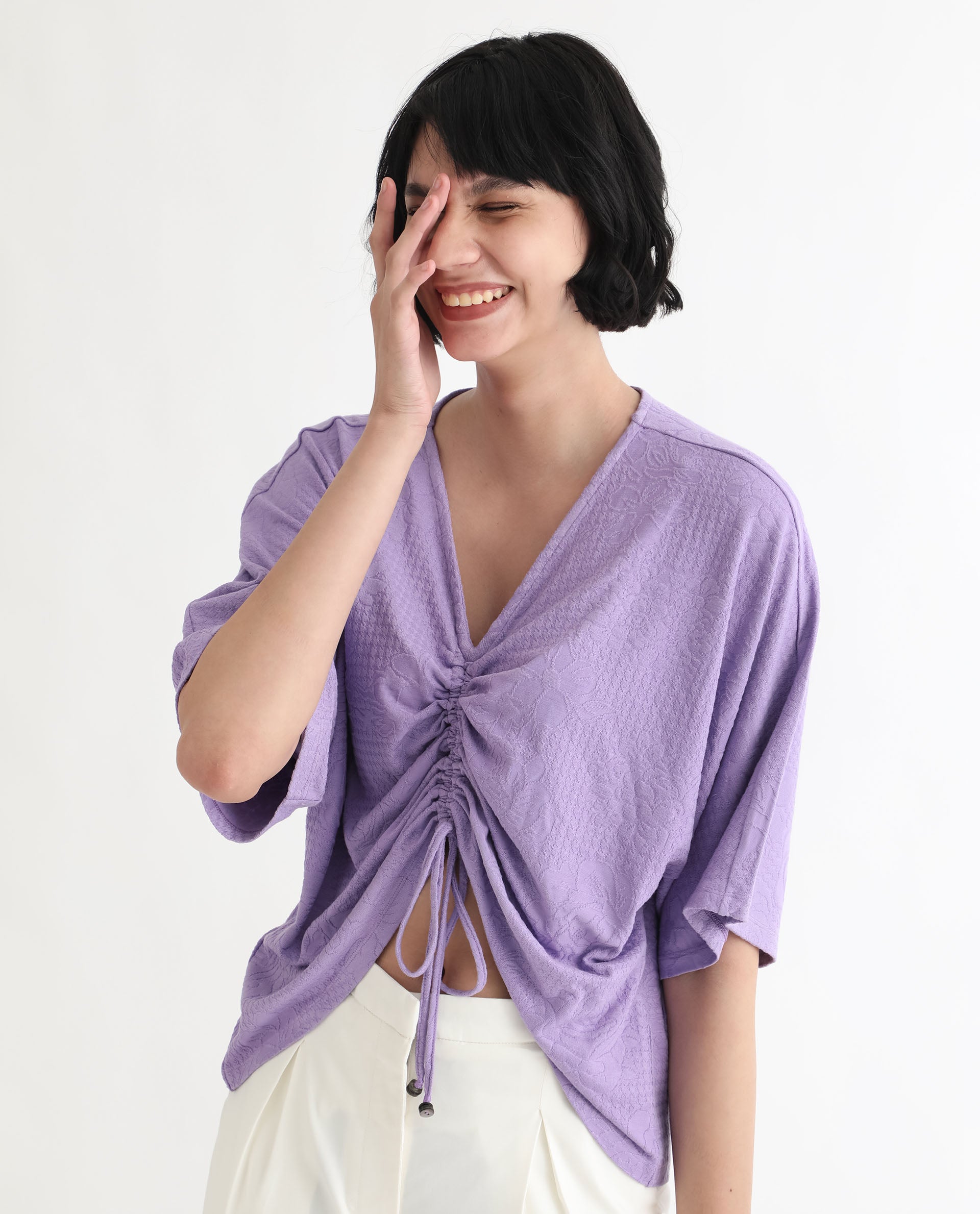 Rareism Women Saim Purple Polyester Fabric Relaxed Fit V-Neck Half Sleeves Floral Print Top