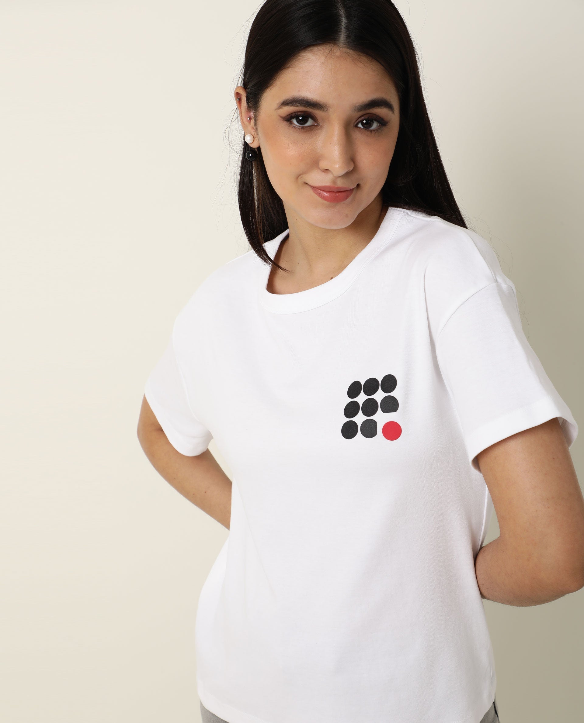 Rareism Women's Sake White Cotton Crew Neck Color Block Regular Fit T-Shirt