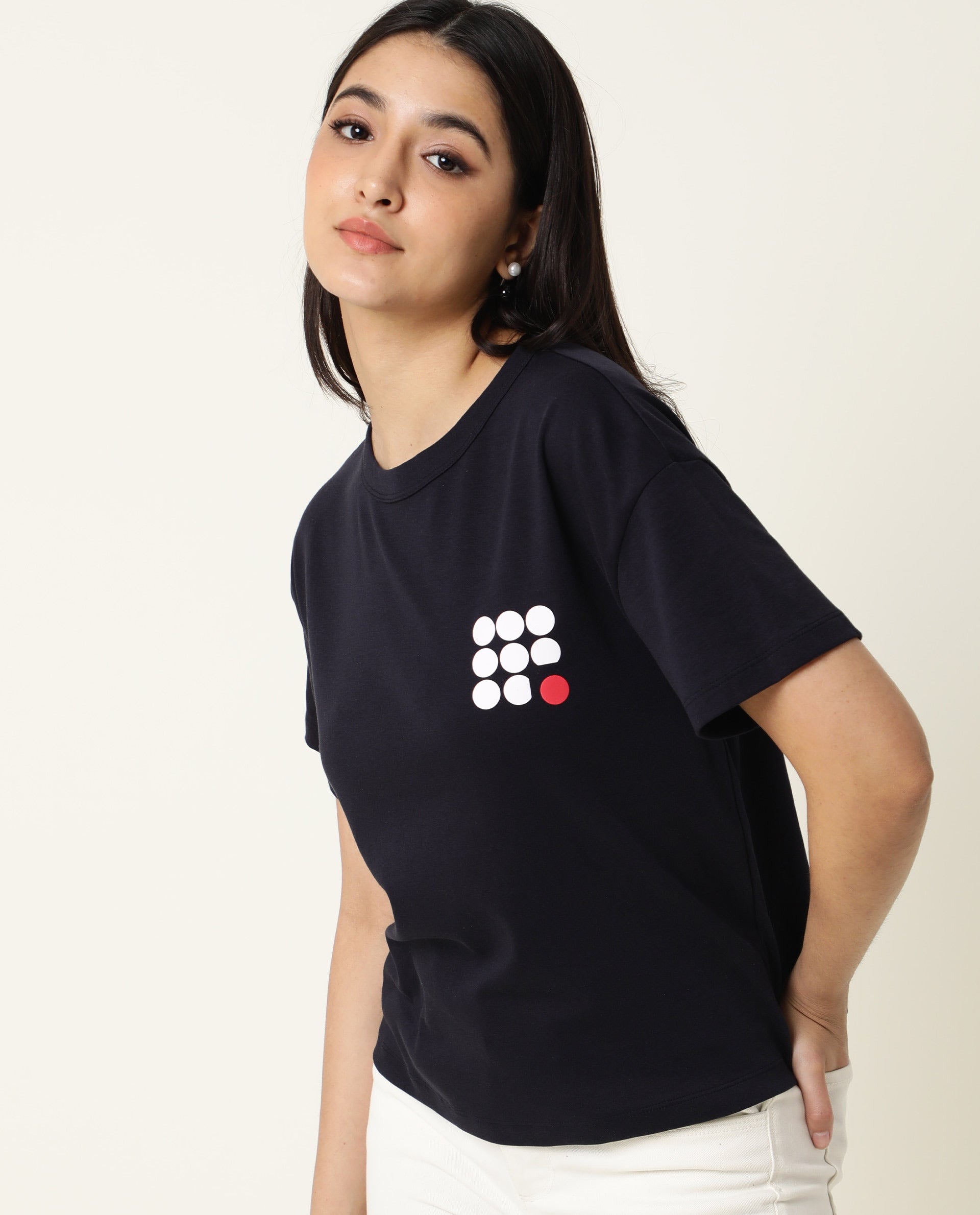 Rareism Women Sake Navy Cotton Fabric Regular Fit Half Sleeves Color Blocked Crew Neck T-Shirt
