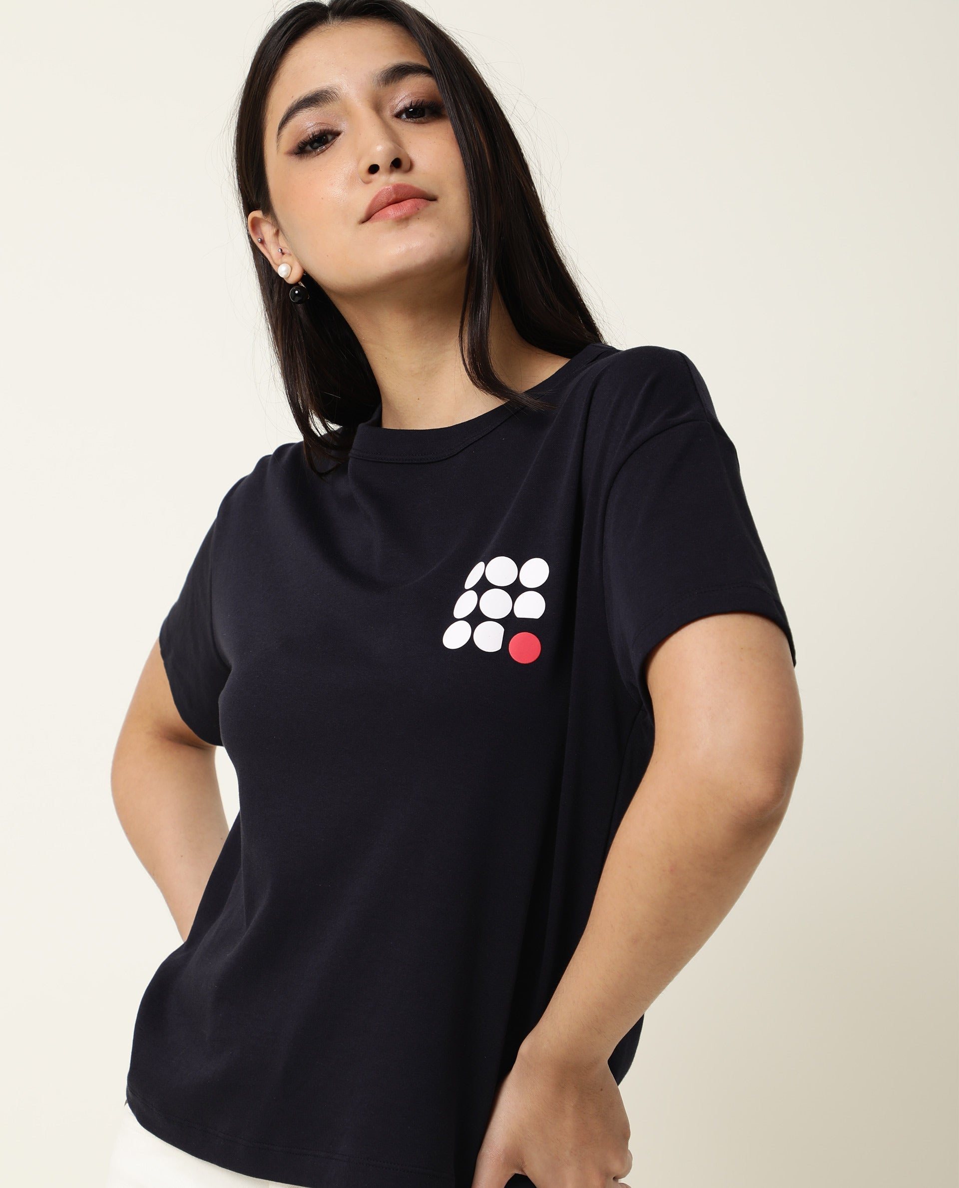 Rareism Women Sake Navy Cotton Fabric Regular Fit Half Sleeves Color Blocked Crew Neck T-Shirt