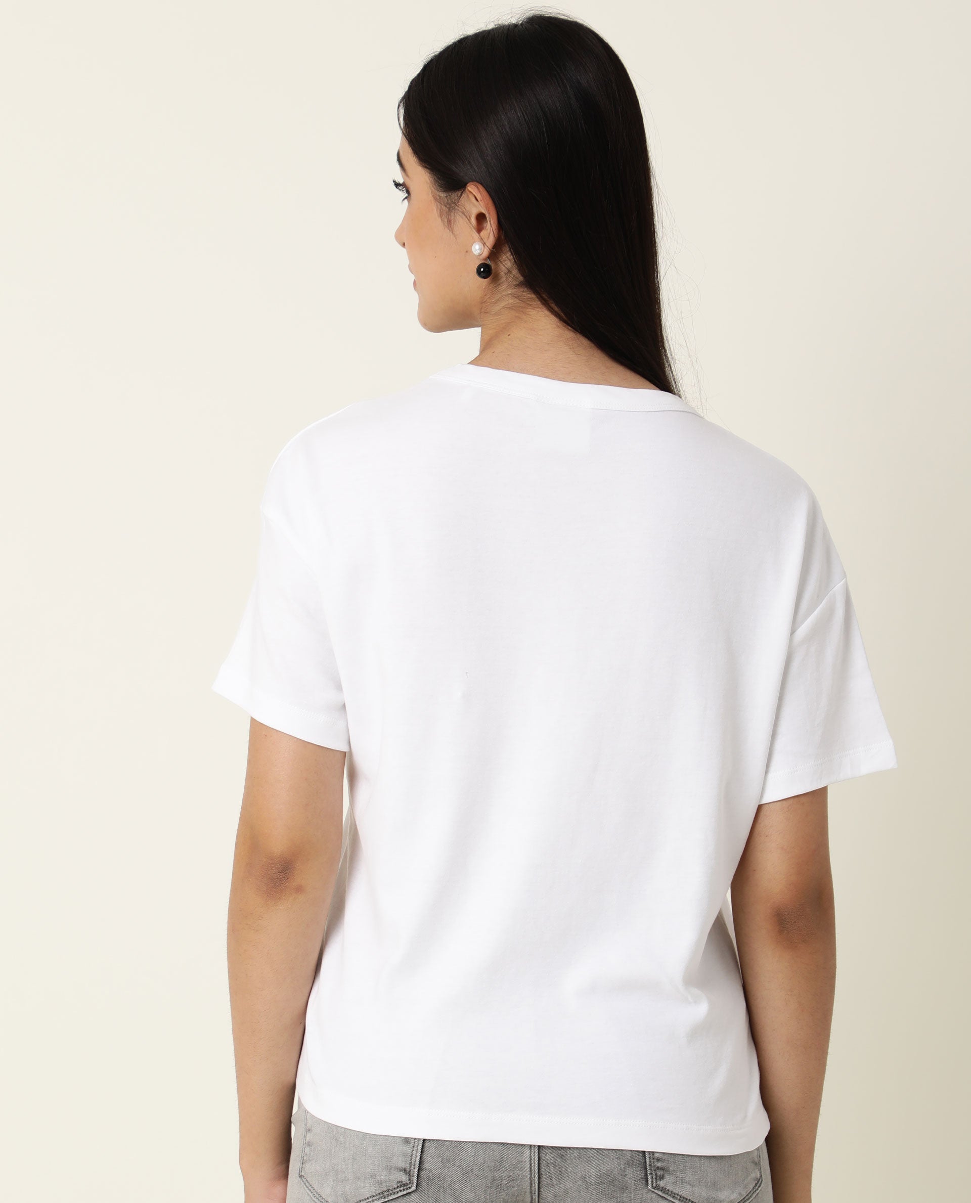 Rareism Women's Sake White Cotton Crew Neck Color Block Regular Fit T-Shirt