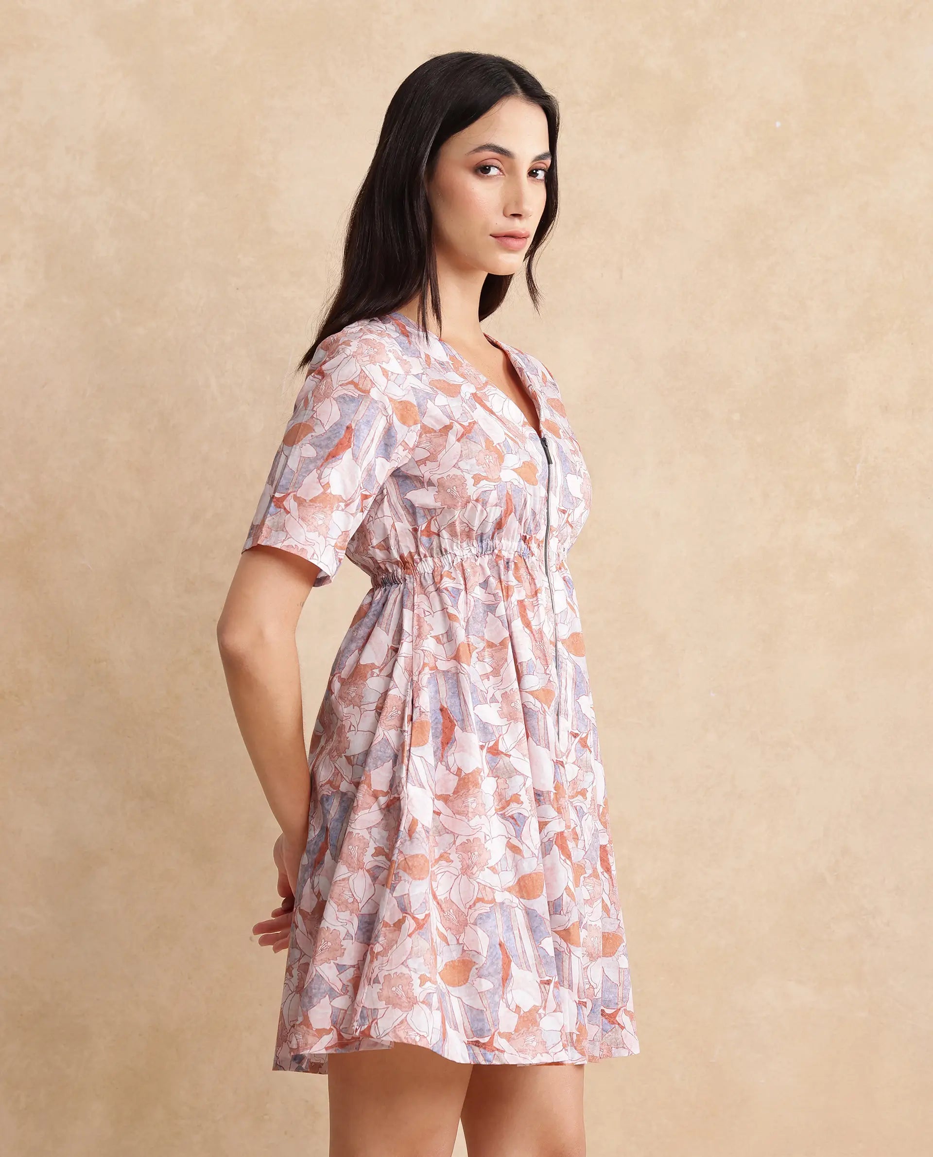Rareism Women's Salao Multi Cotton V-Neck Abstract Print Knee Length Fit And Flare Dress