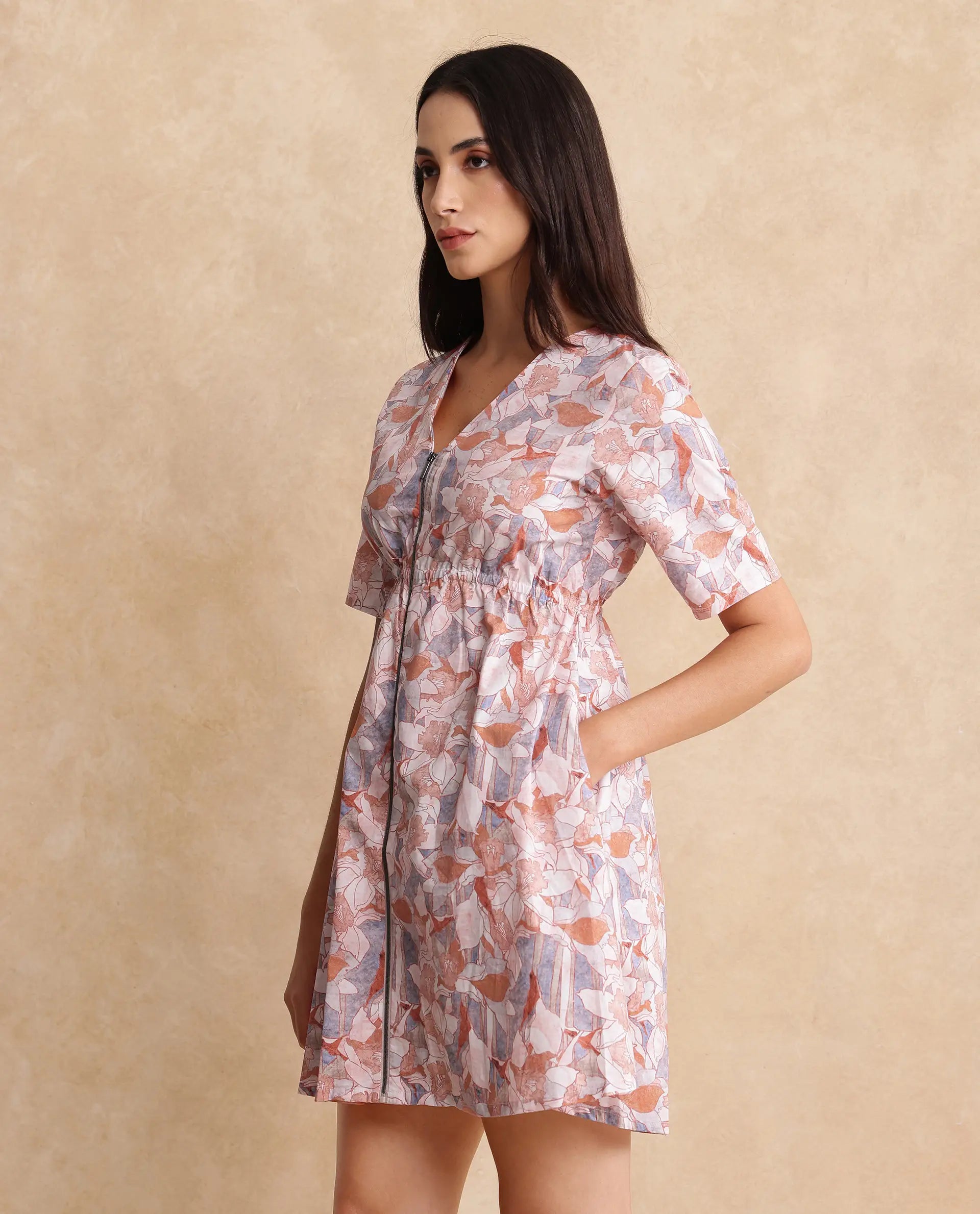 Rareism Women's Salao Multi Cotton V-Neck Abstract Print Knee Length Fit And Flare Dress