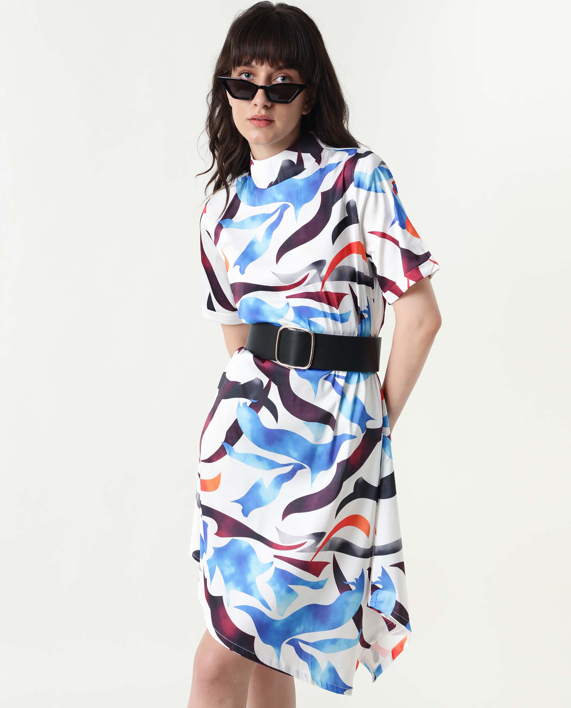 Rareism Women's Saler White Modal Blend Sweetheart Neck Abstract Print Knee Length Regular Fit Dress