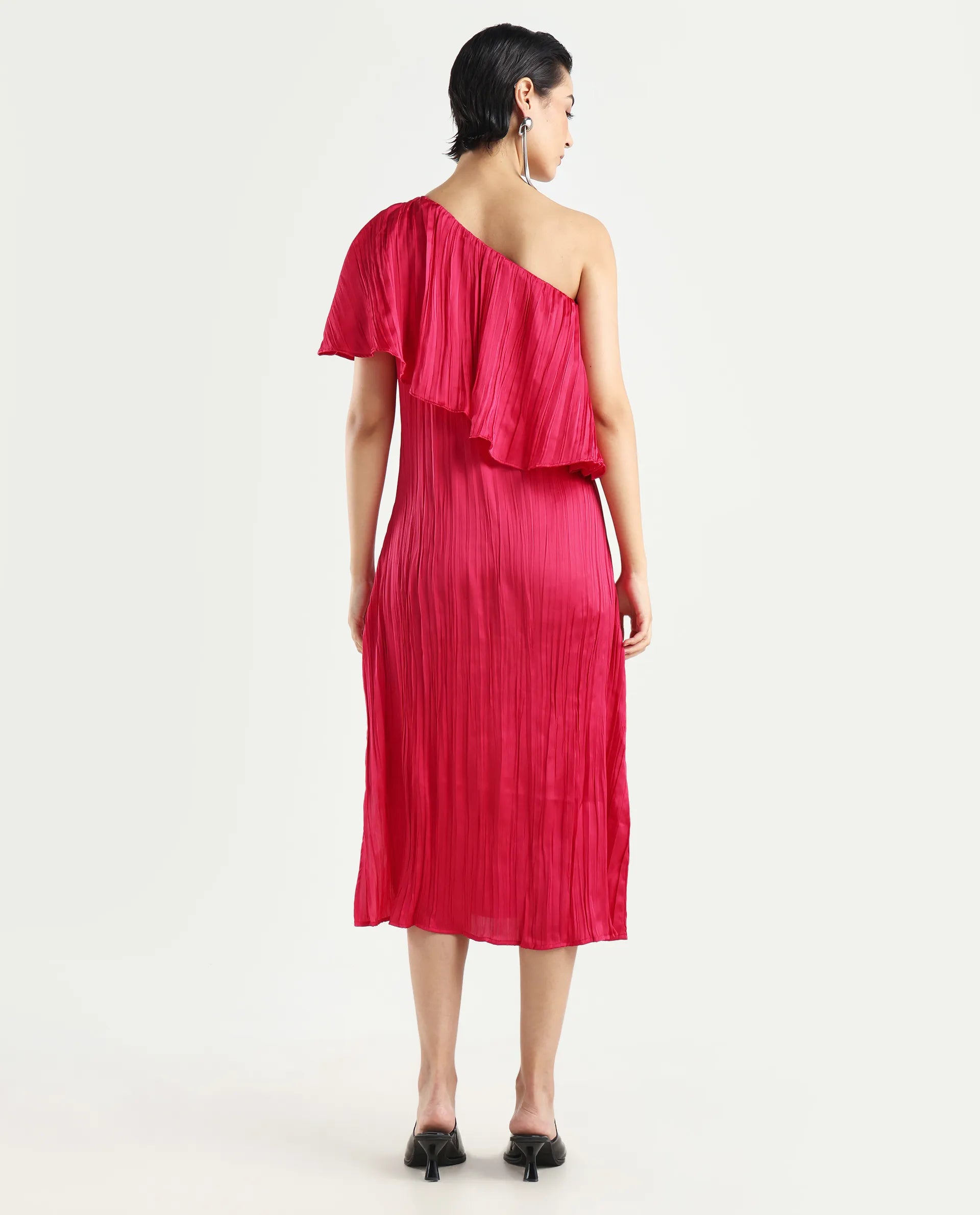 Rareism Women's Salerno Red Polyester One Shoulder Plain One Shoulder Midi Fit And Flare Dress