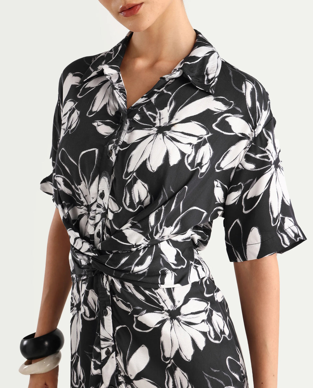 Rareism Women's Saltillo Black Cotton Blend Drop Collar Floral Print Mini Regular Fit Dress