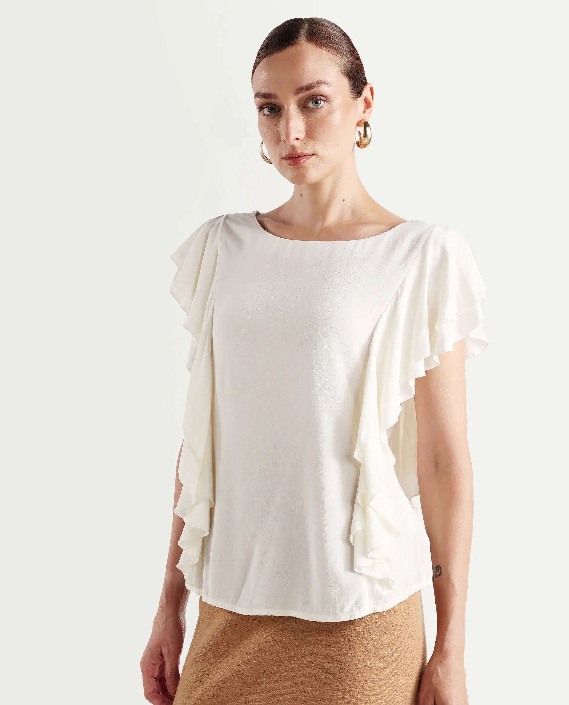 Rareism Women's Samal Off White Viscose Blend Boat Neck Plain Ruffled Sleeve Regular Fit Top