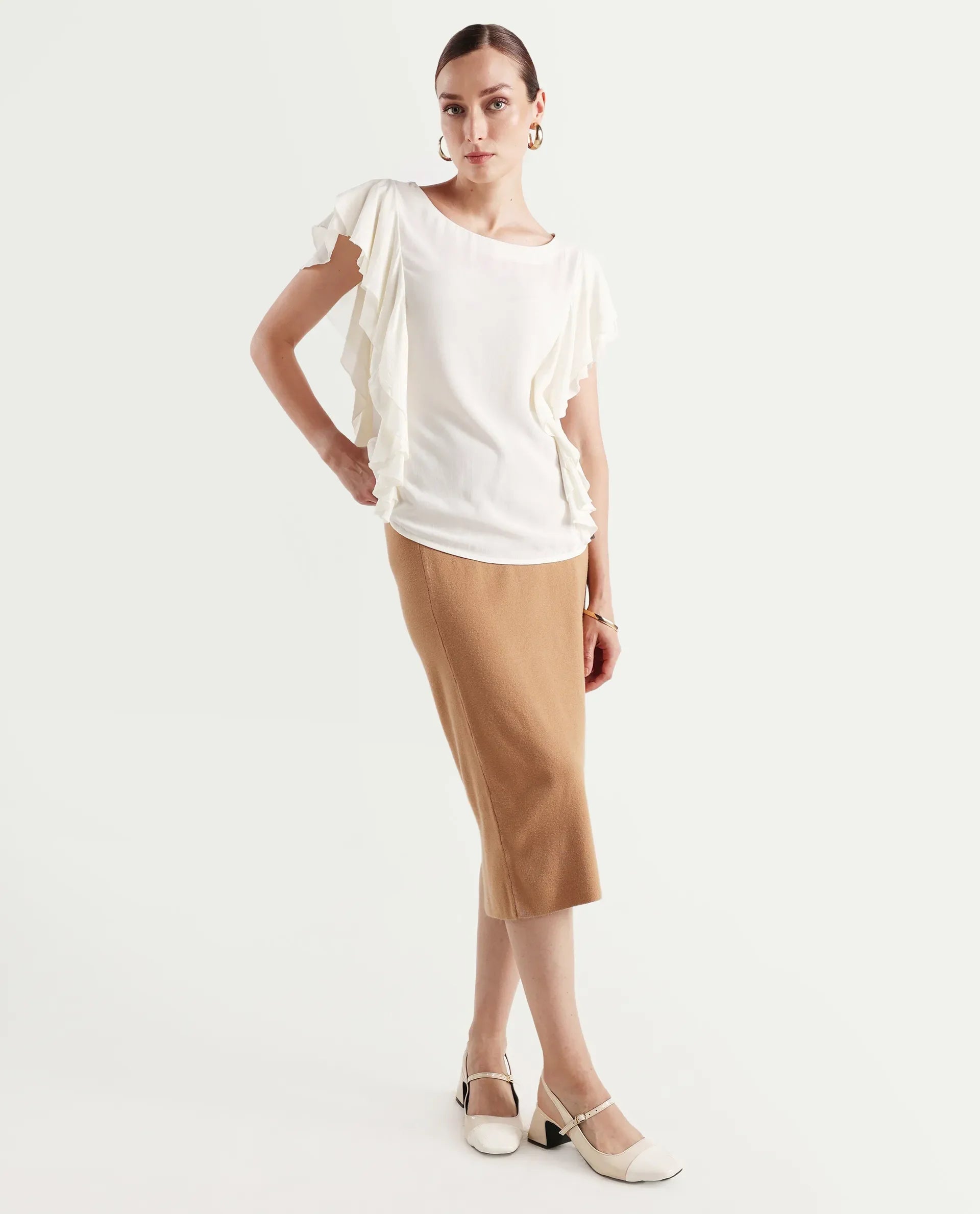 Rareism Women's Samal Off White Viscose Blend Boat Neck Plain Ruffled Sleeve Regular Fit Top