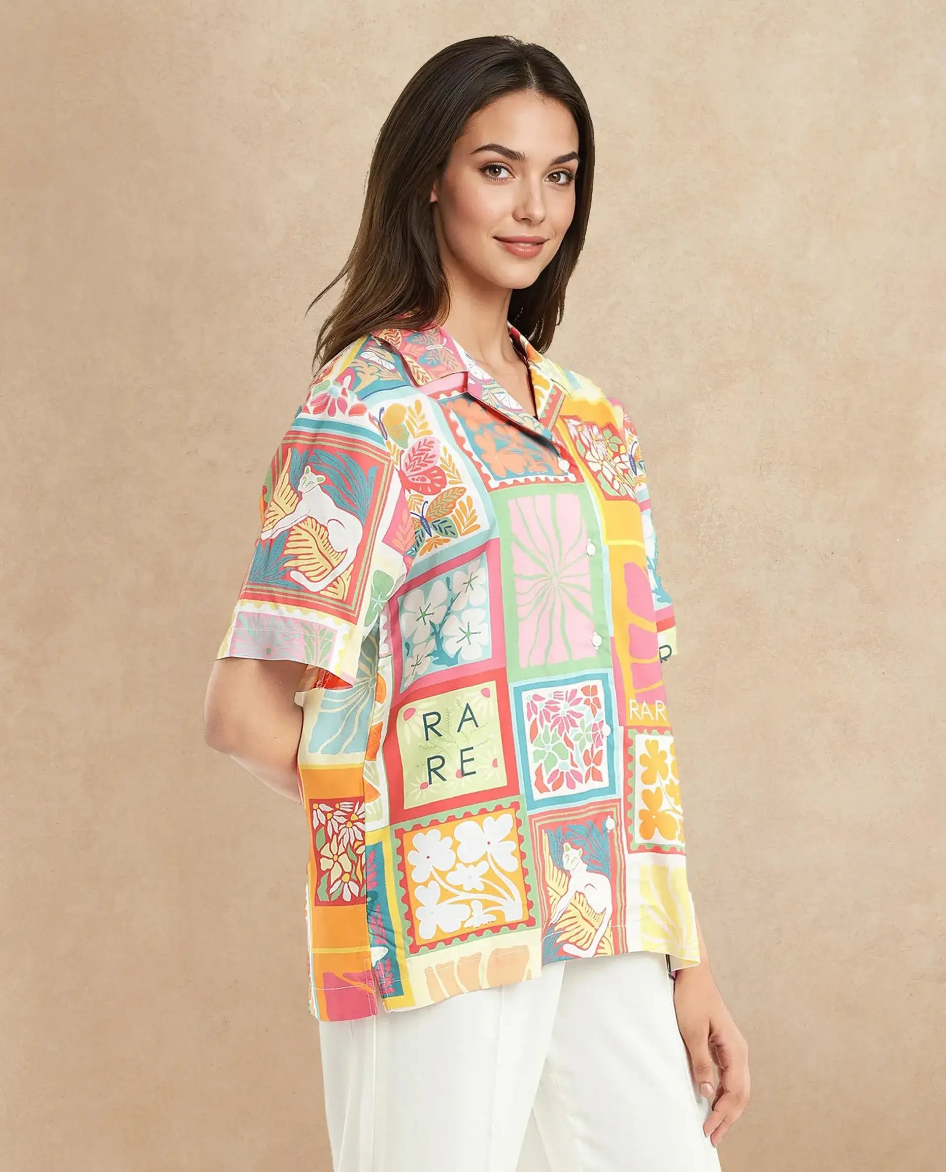 Rareism Women's Sampige Multi Viscose Spread Collar Abstract Print Relaxed Fit Top