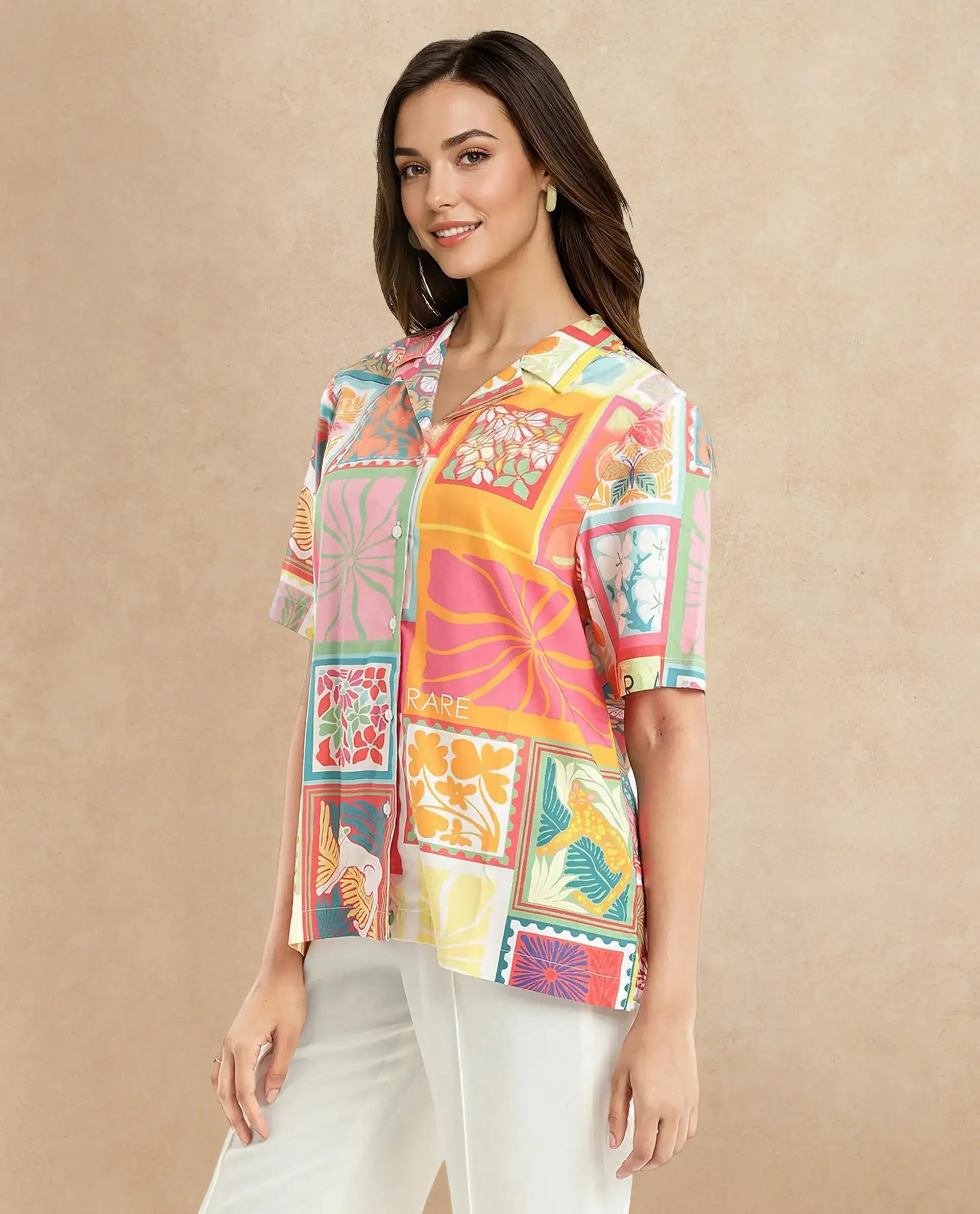 Rareism Women's Sampige Multi Viscose Spread Collar Abstract Print Relaxed Fit Top