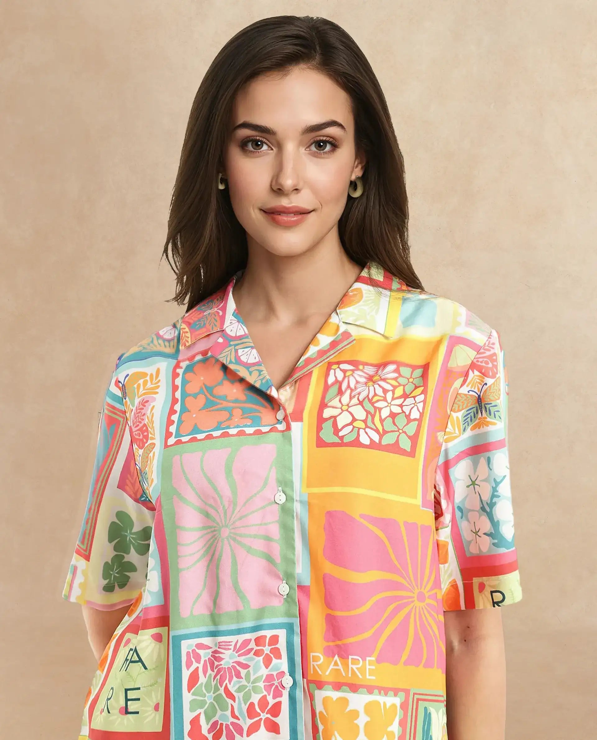 Rareism Women's Sampige Multi Viscose Spread Collar Abstract Print Relaxed Fit Top