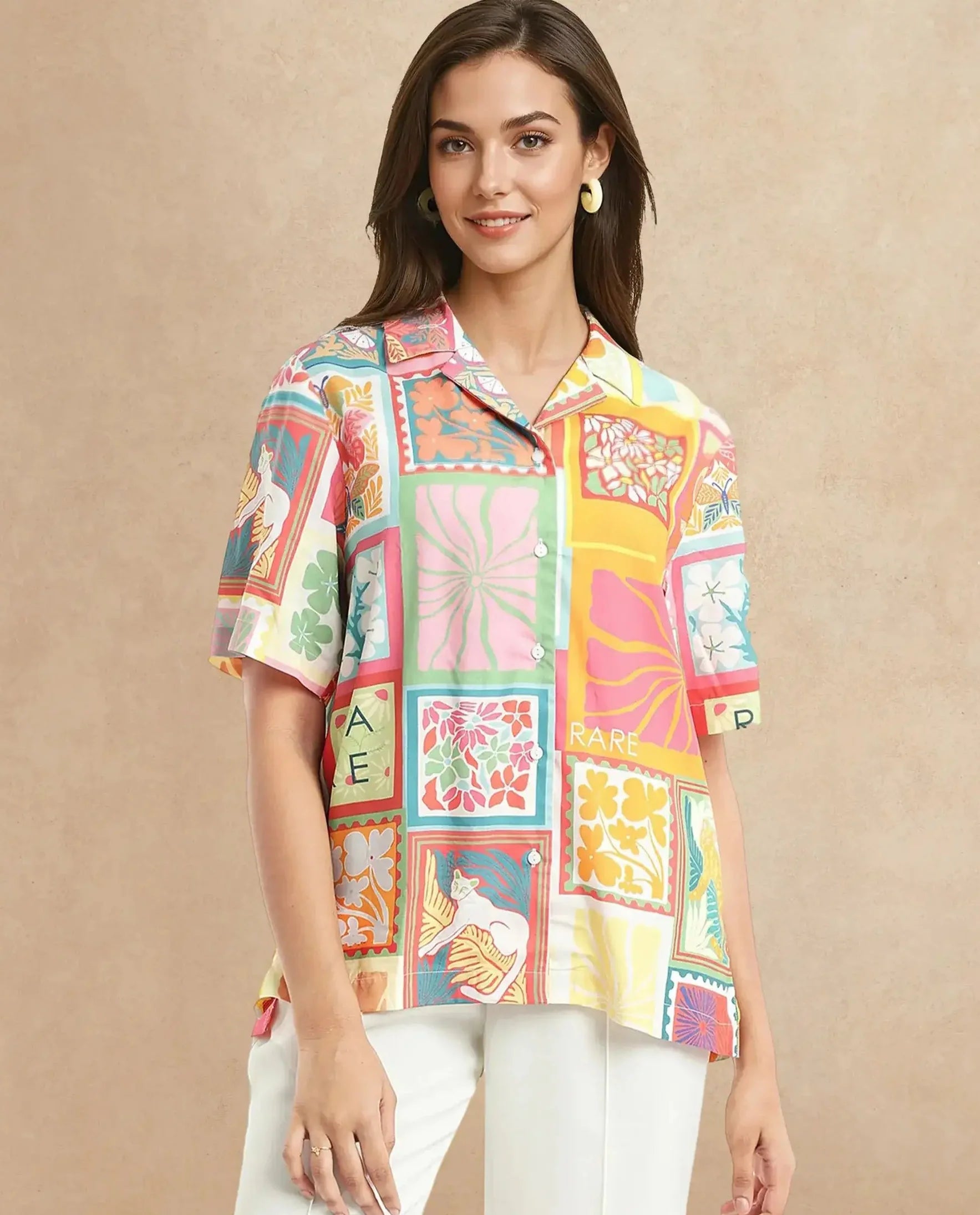 Rareism Women's Sampige Multi Viscose Spread Collar Abstract Print Relaxed Fit Top