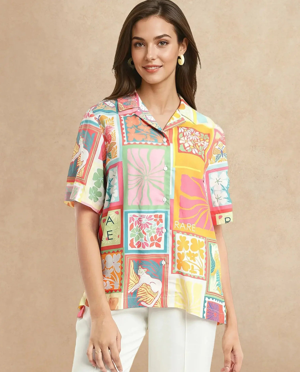 Rareism Women Sampige Multi Short Sleeve Collared Neck Button Closure Relaxed Fit Abstract Print Top