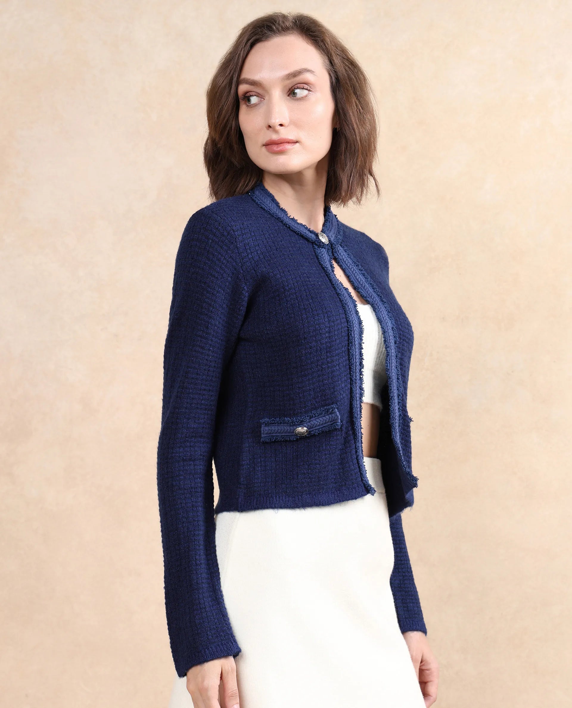 Rareism Women's Samsum Navy Crew Neck Plain Regular Fit Shrug