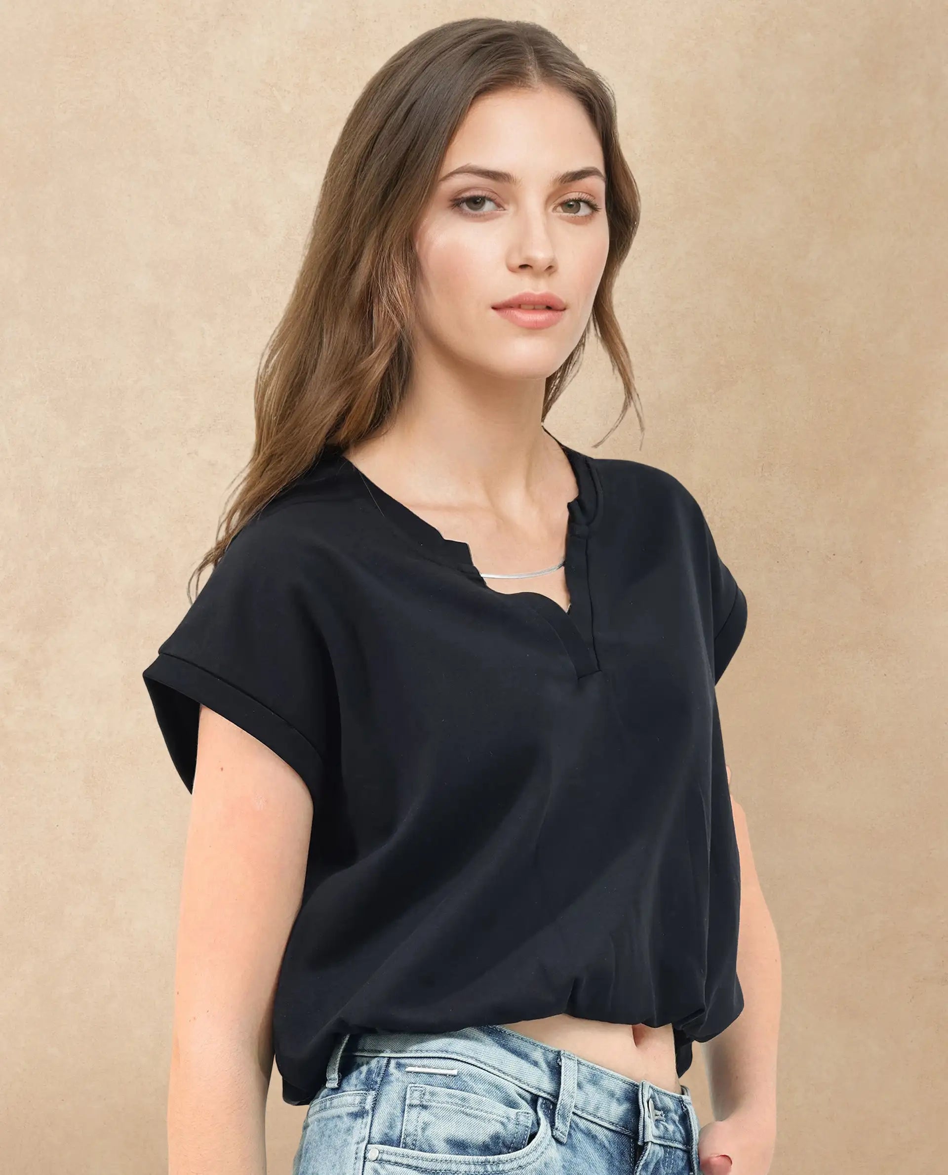 Rareism Women's Sanderson Black Cotton V-Neck Plain Extended Sleeves Regular Fit Top