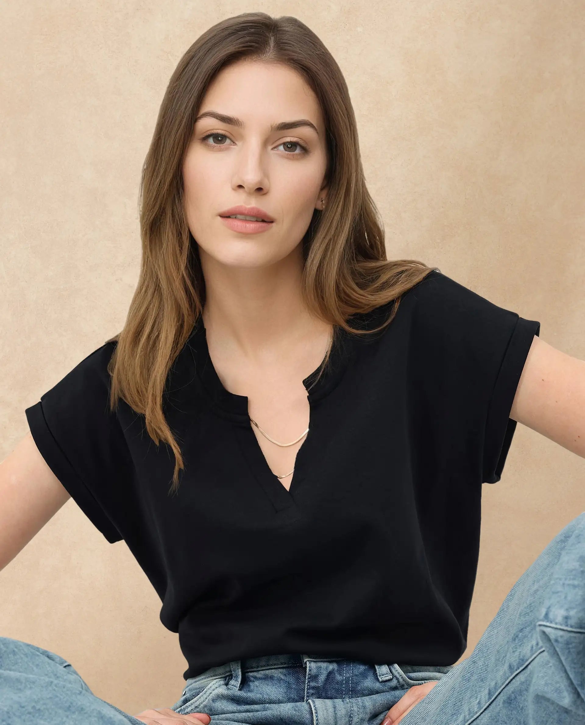 Rareism Women's Sanderson Black Cotton V-Neck Plain Extended Sleeves Regular Fit Top