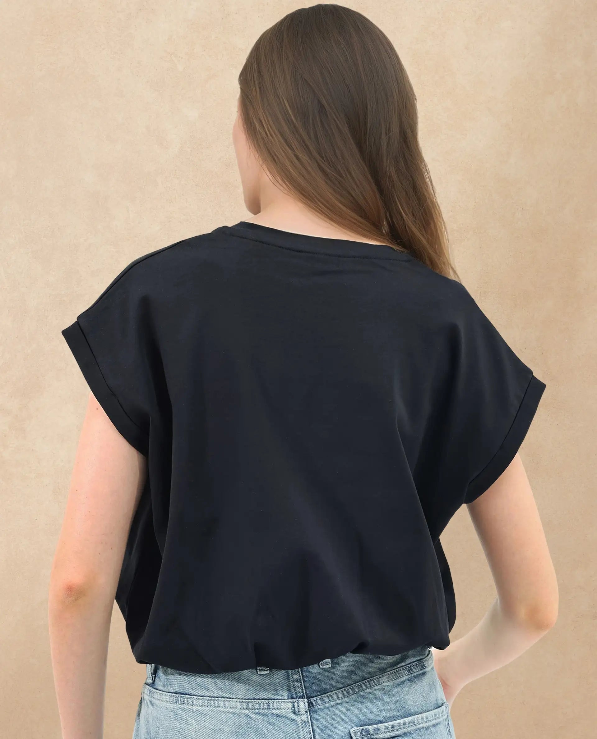 Rareism Women's Sanderson Black Cotton V-Neck Plain Extended Sleeves Regular Fit Top