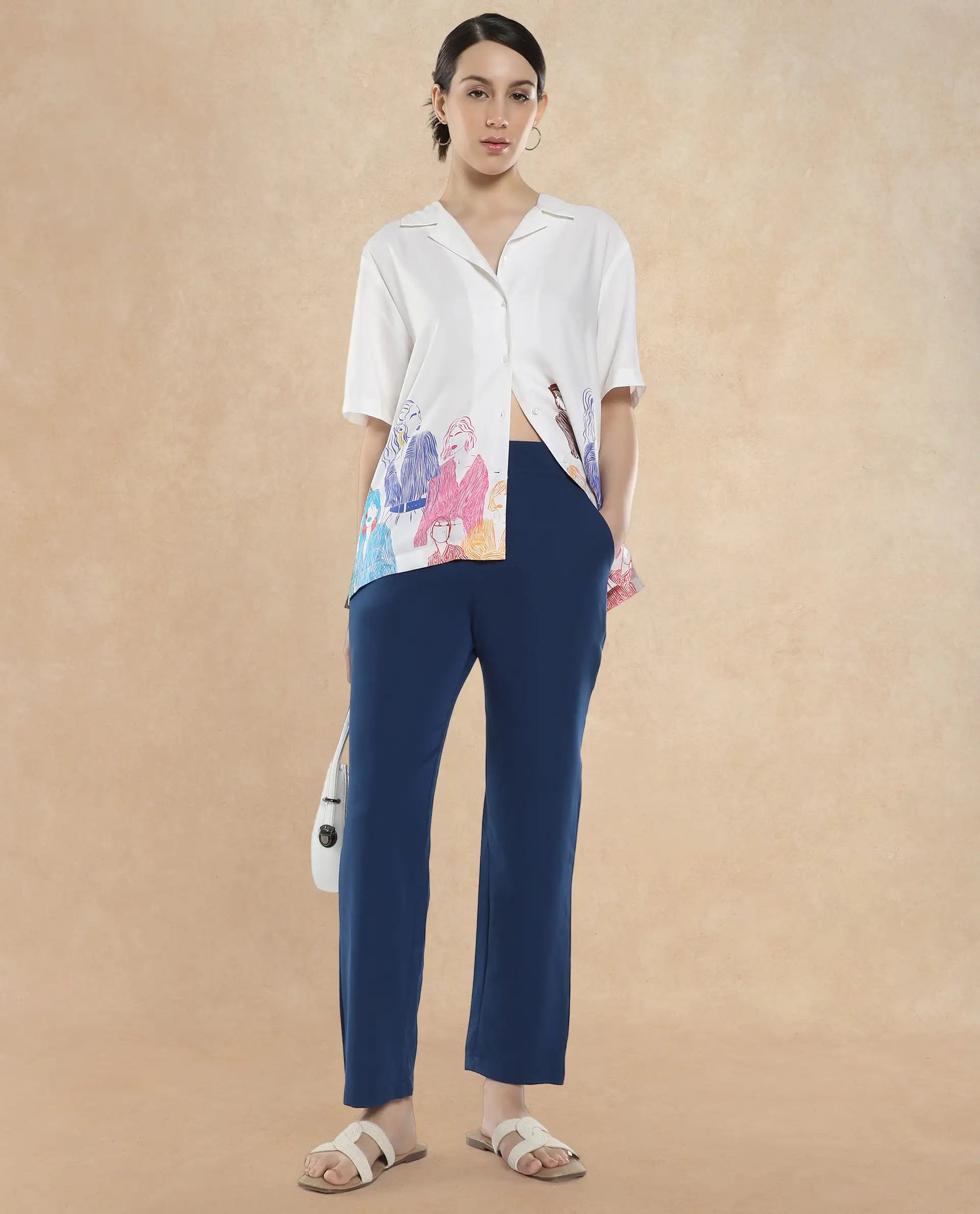Rareism Women's Sandy Off White Viscose Spread Collar Abstract Print Relaxed Fit Top