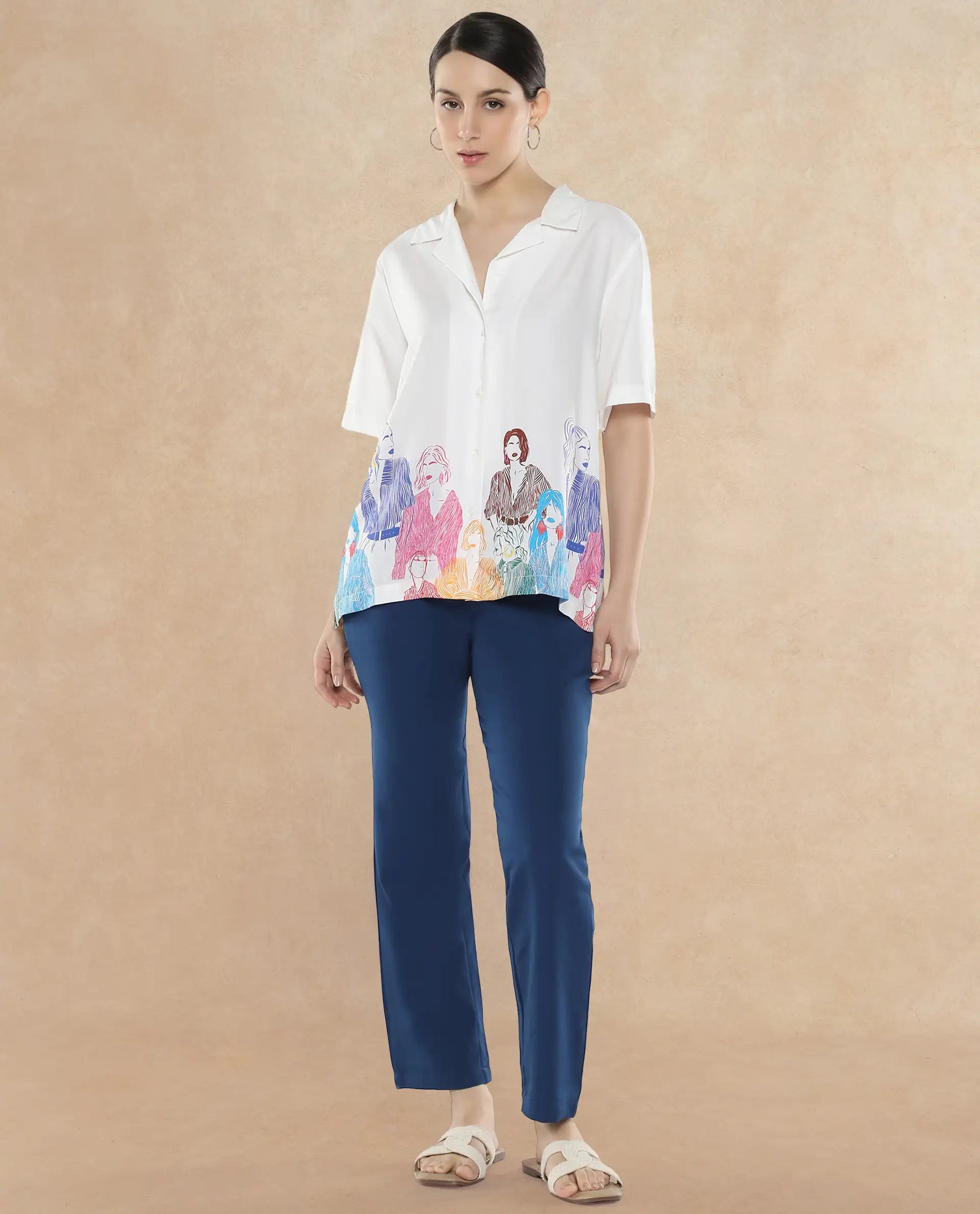 Rareism Women's Sandy Off White Viscose Spread Collar Abstract Print Relaxed Fit Top