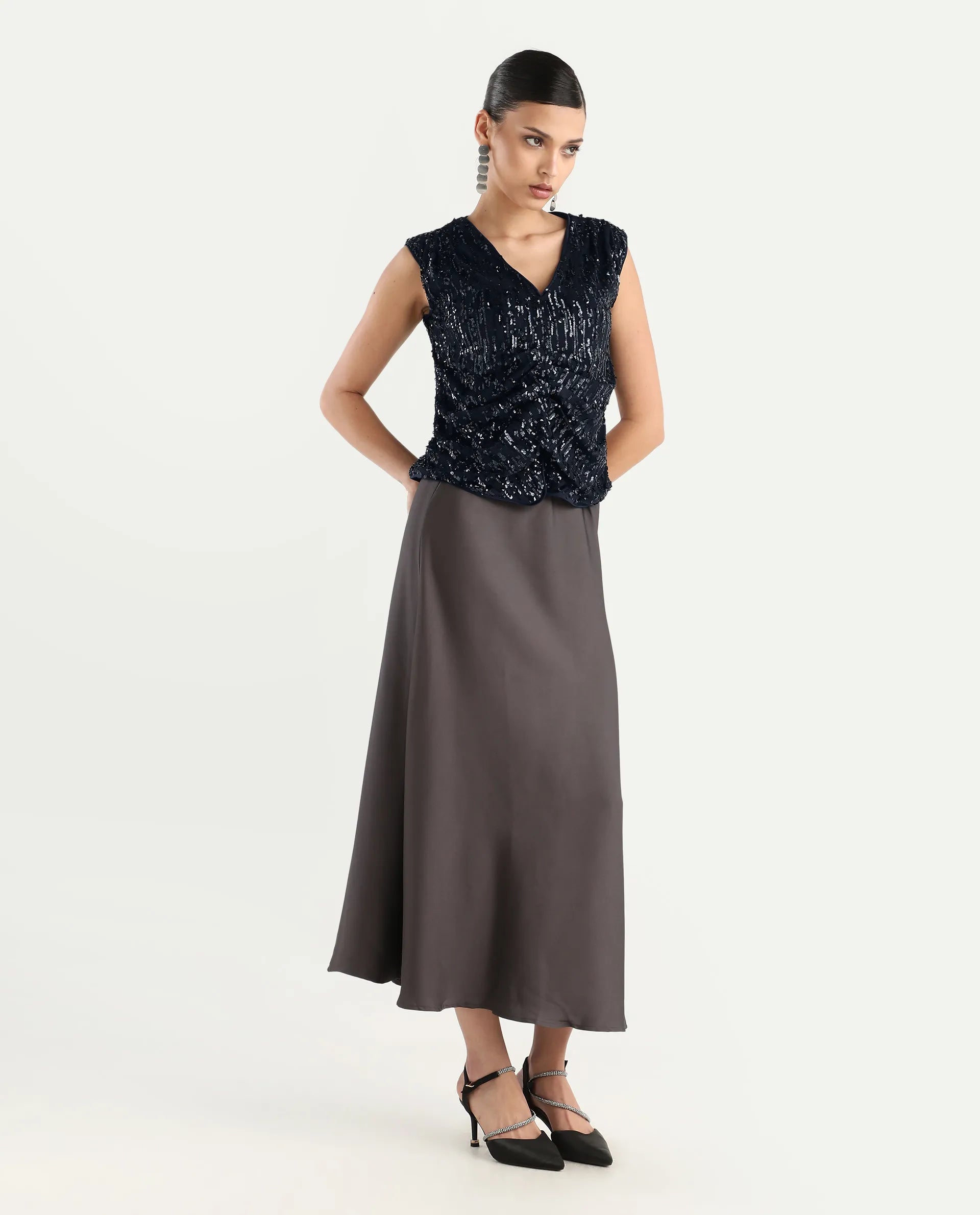 Rareism Women's Saot Metallic Navy Cotton Blend V-Neck Plain Sleeveless Regular Fitted Top