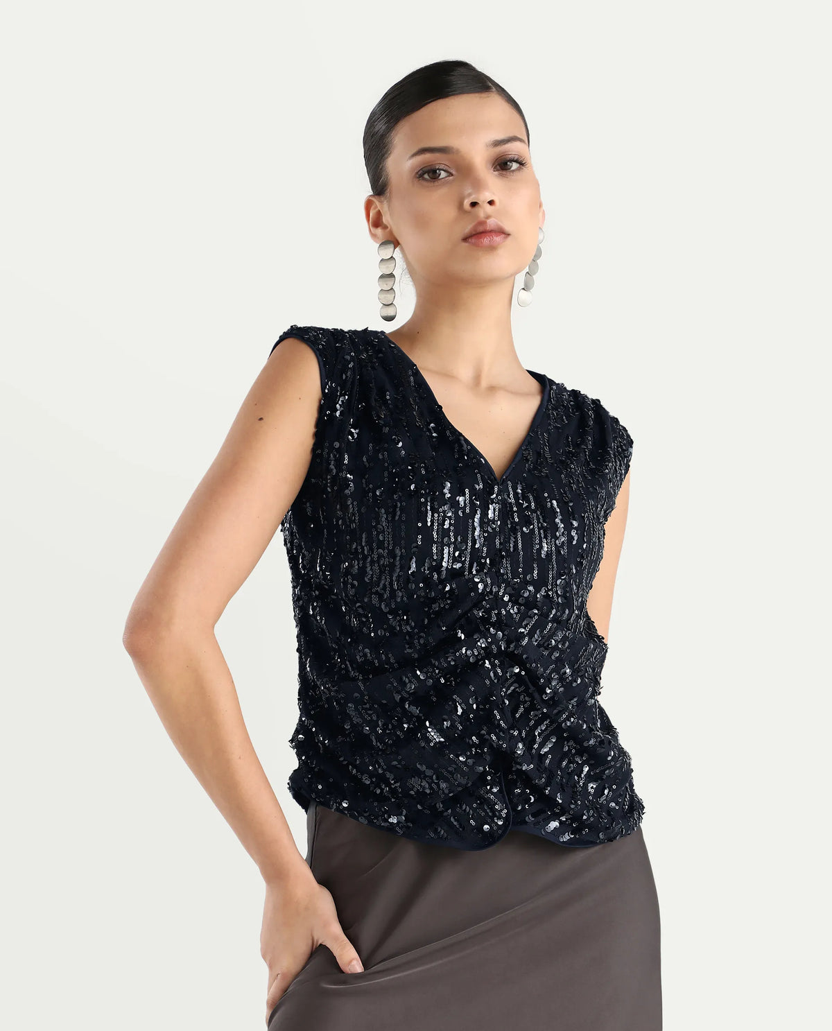 Rareism Women's Saot Metallic Navy Cotton Blend V-Neck Plain Sleeveless Regular Fitted Top