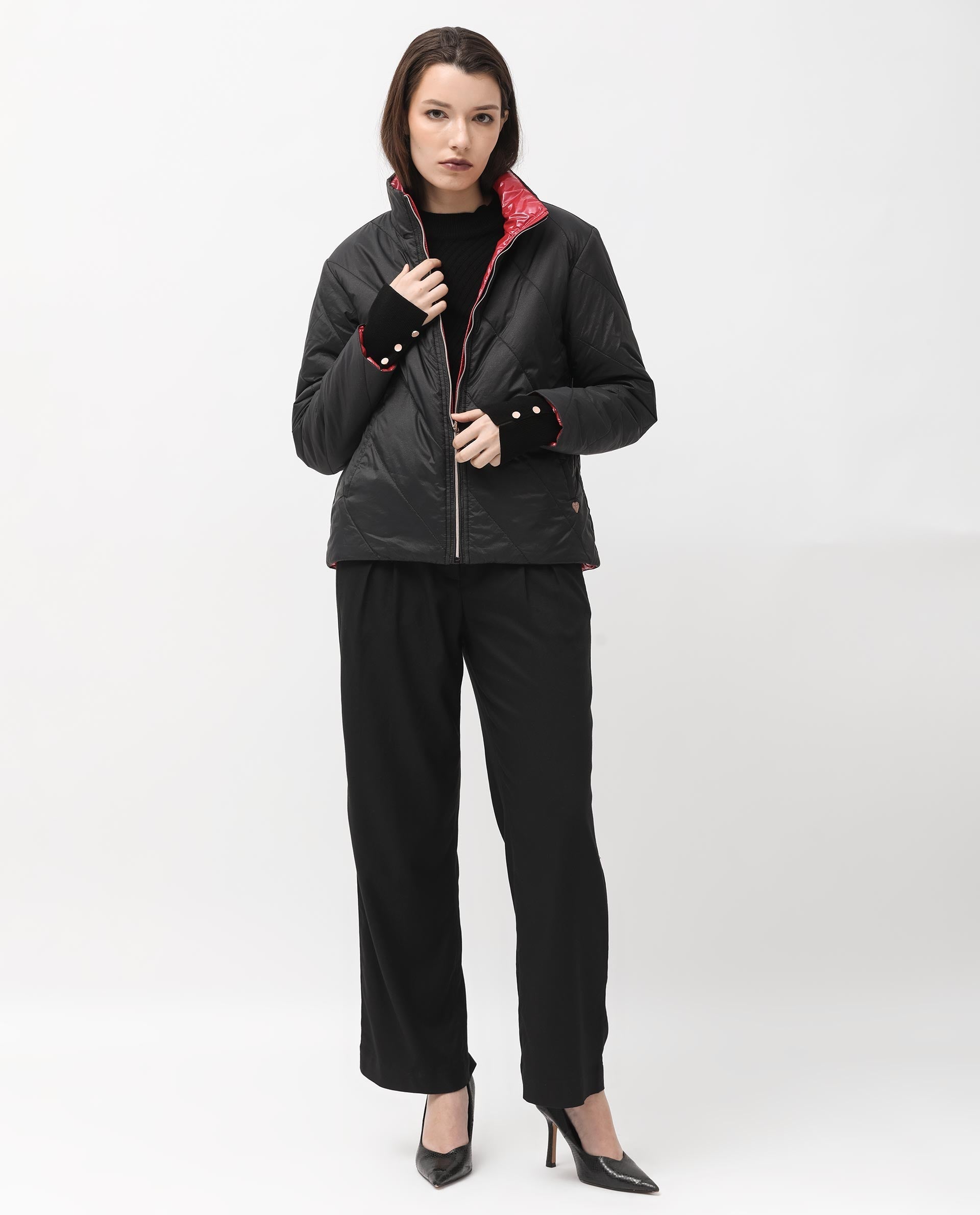 Rareism Women's Sapel Black Polyester High Neck Plain Regular Fit Jacket