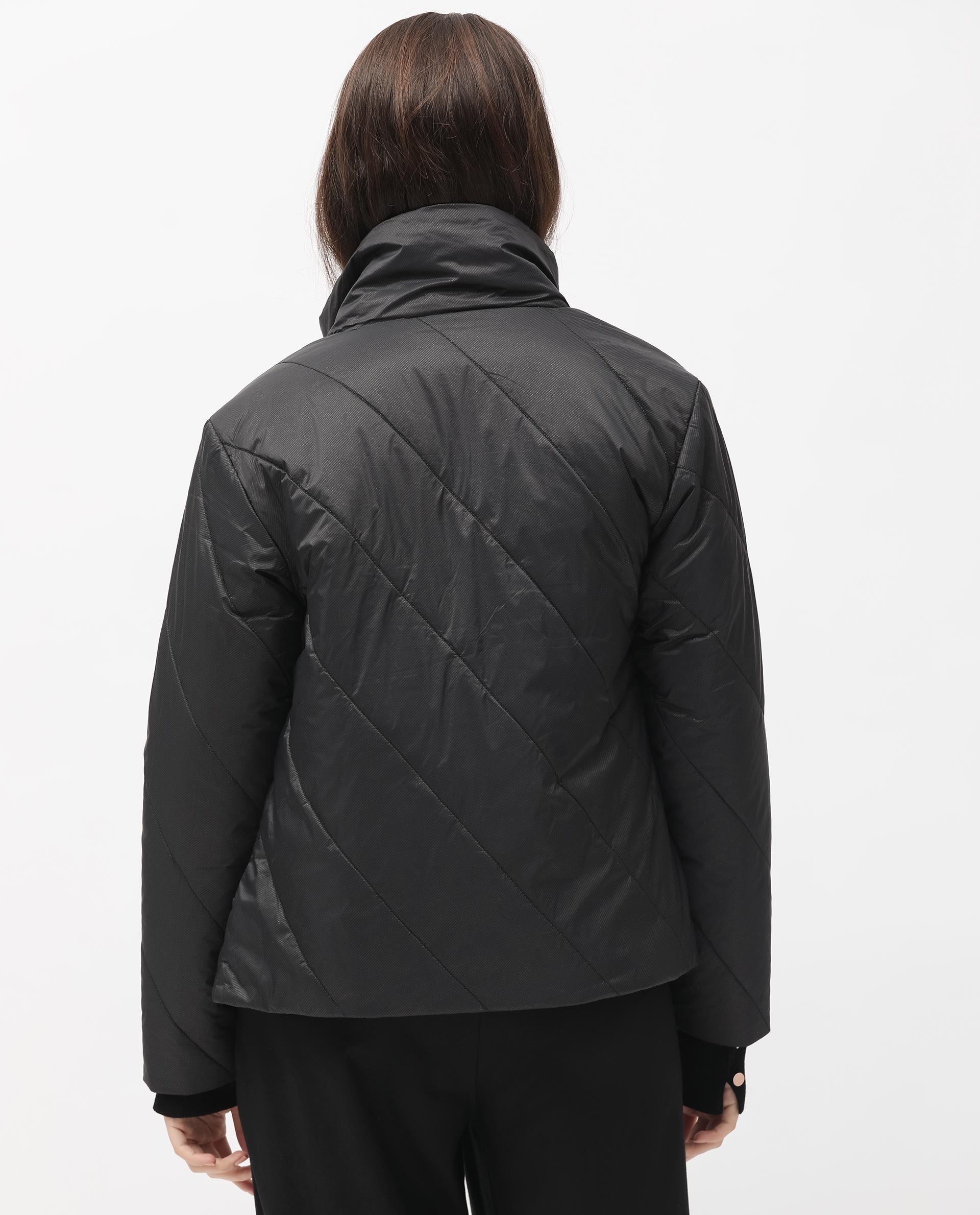Rareism Women's Sapel Black Polyester High Neck Plain Regular Fit Jacket