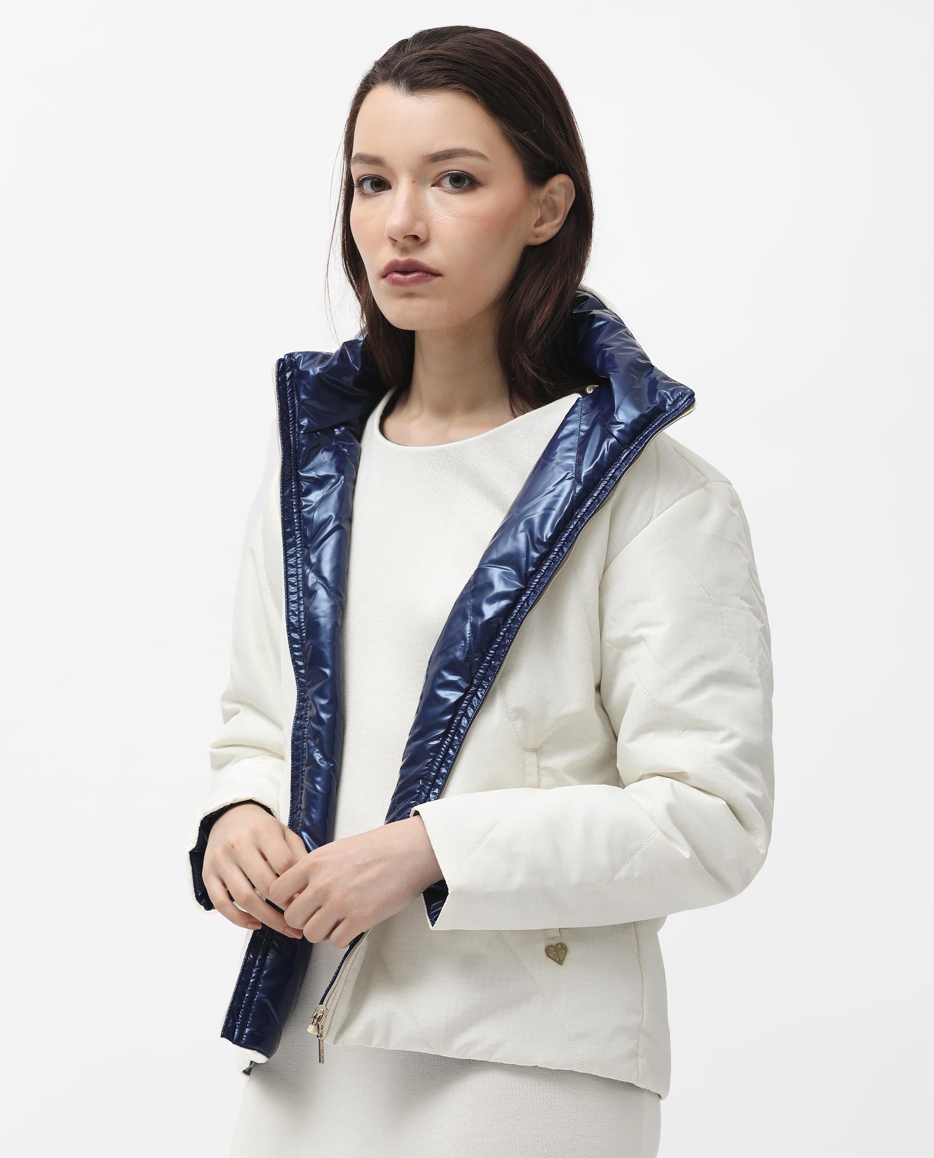 Rareism Women's Sapel Off White Polyester High Neck Plain Regular Fit Jacket