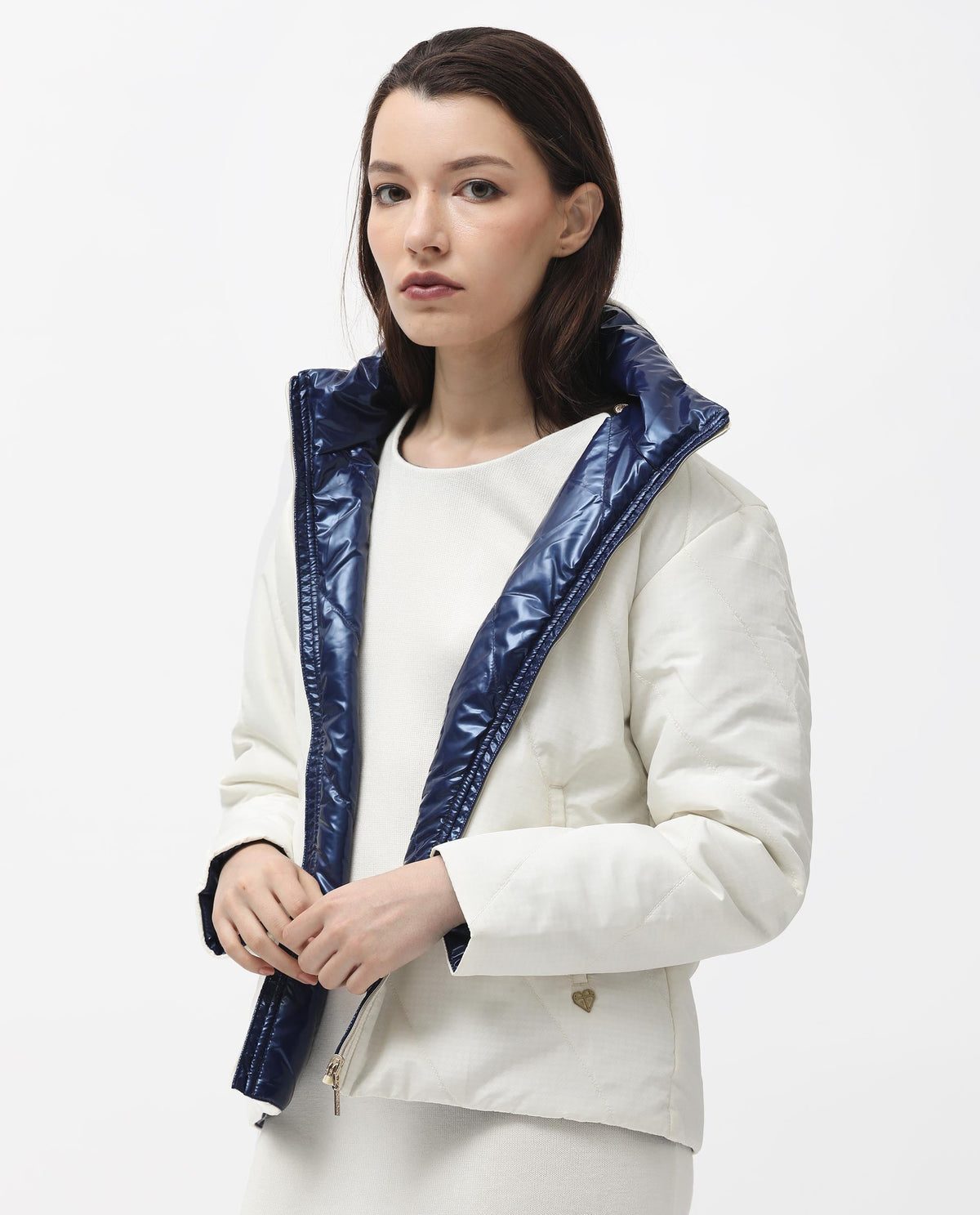 Rareism Women Sapel Off White Polyester Fabric Full Sleeves Zip Closure High Neck Regular Fit Plain Jacket