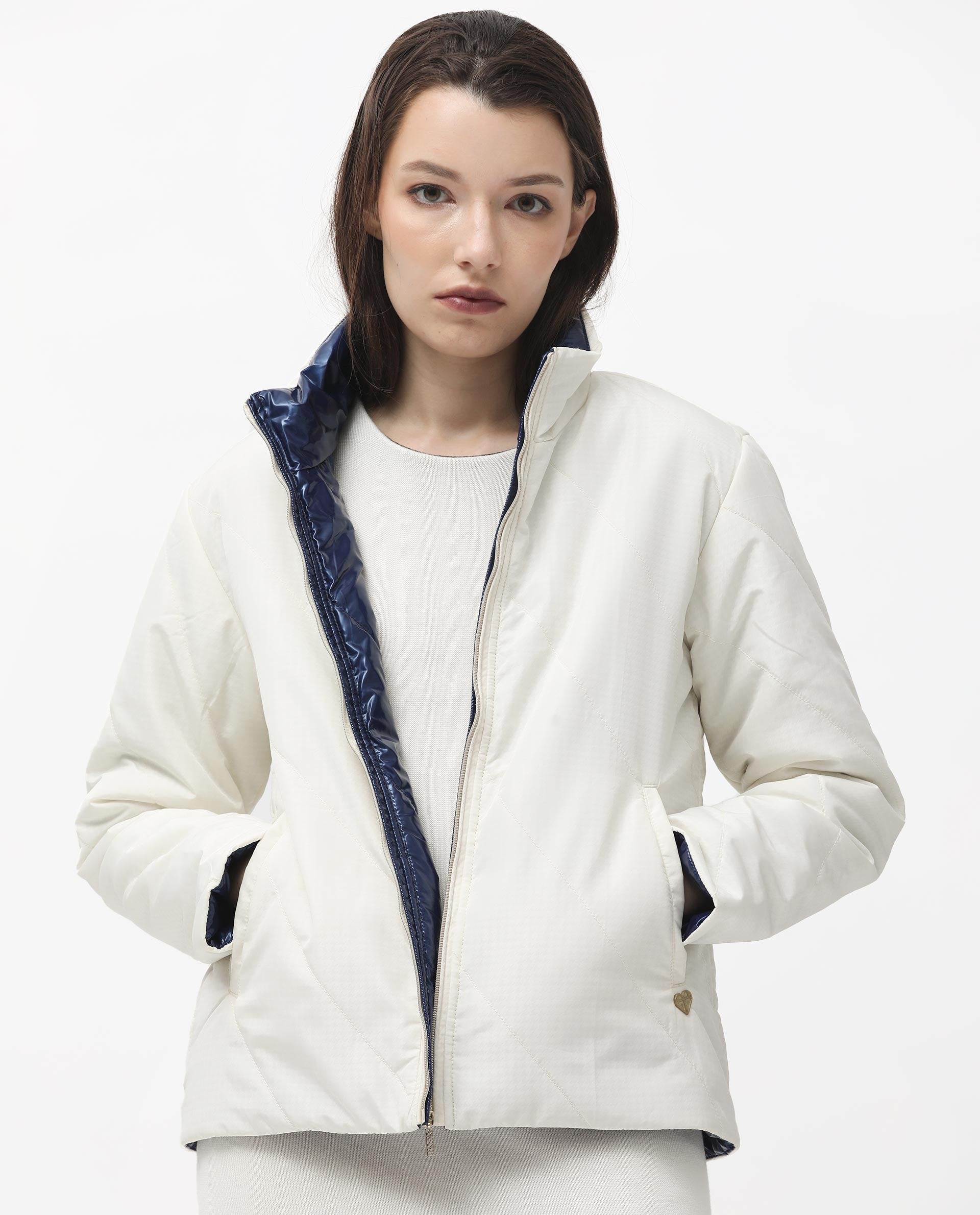 Rareism Women's Sapel Off White Polyester High Neck Plain Regular Fit Jacket