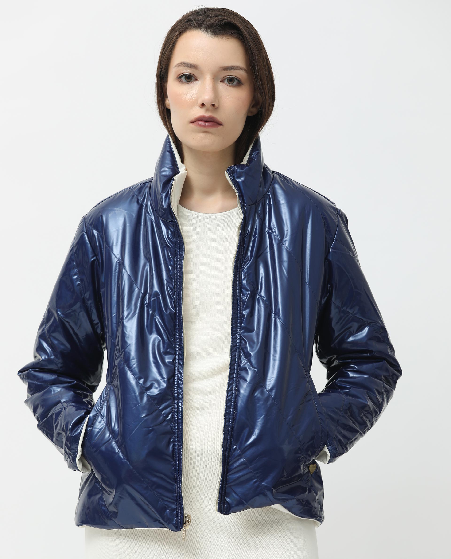 Rareism Women Sapel Off White Polyester Fabric Full Sleeves Zip Closure High Neck Regular Fit Plain Jacket