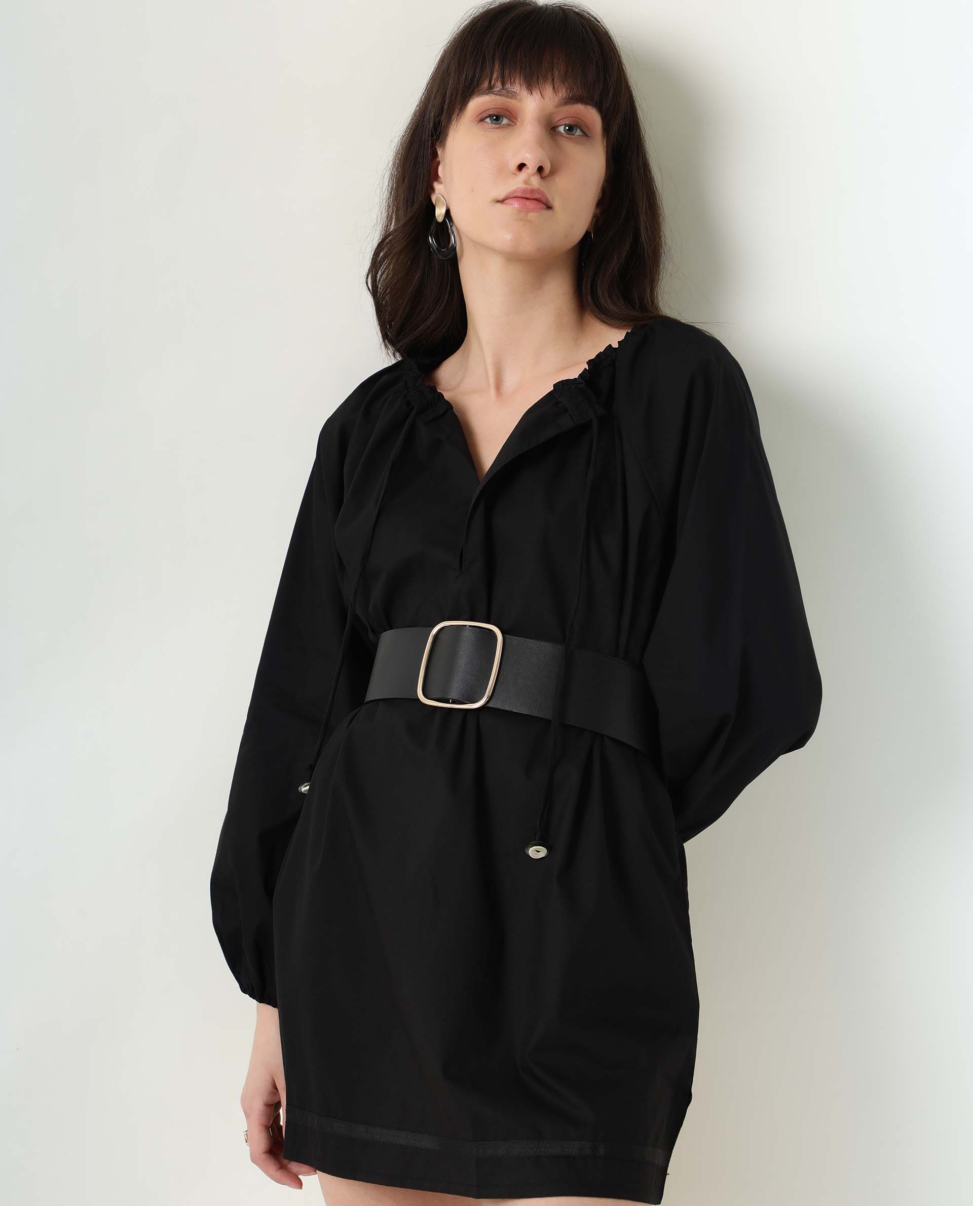 Rareism Women Sapie Black Gathered Neckline With Tie Up Full Sleeves And Pockets Mini Dress