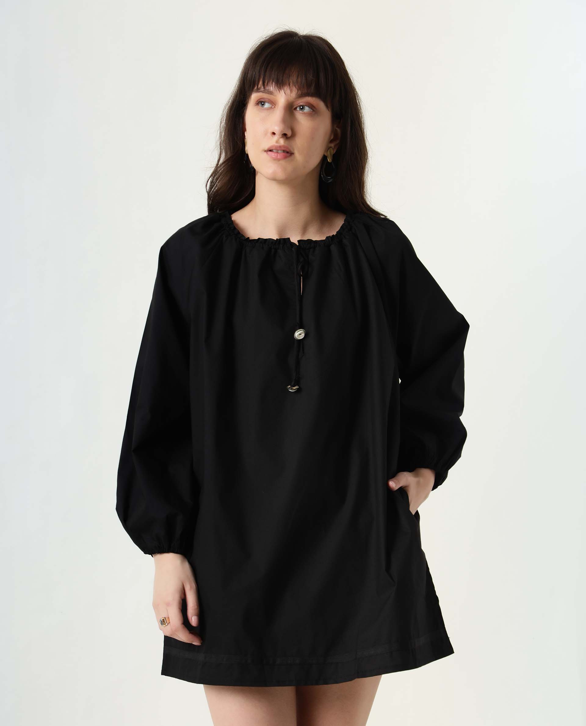 Rareism Women Sapie Black Gathered Neckline With Tie Up Full Sleeves And Pockets Mini Dress